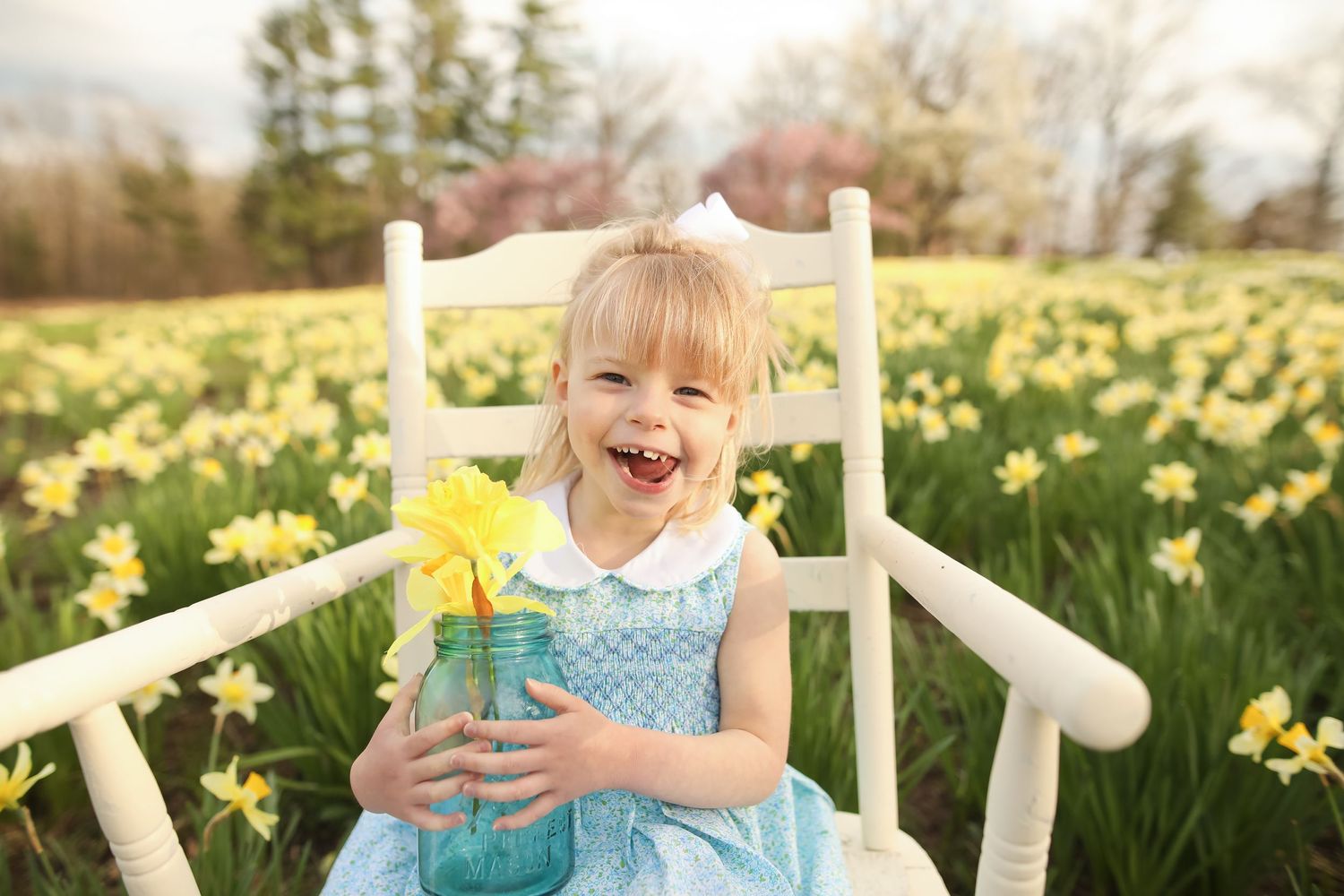 Young child in blue dress holding yellow flowers while sitting in white chair among daffodils.
