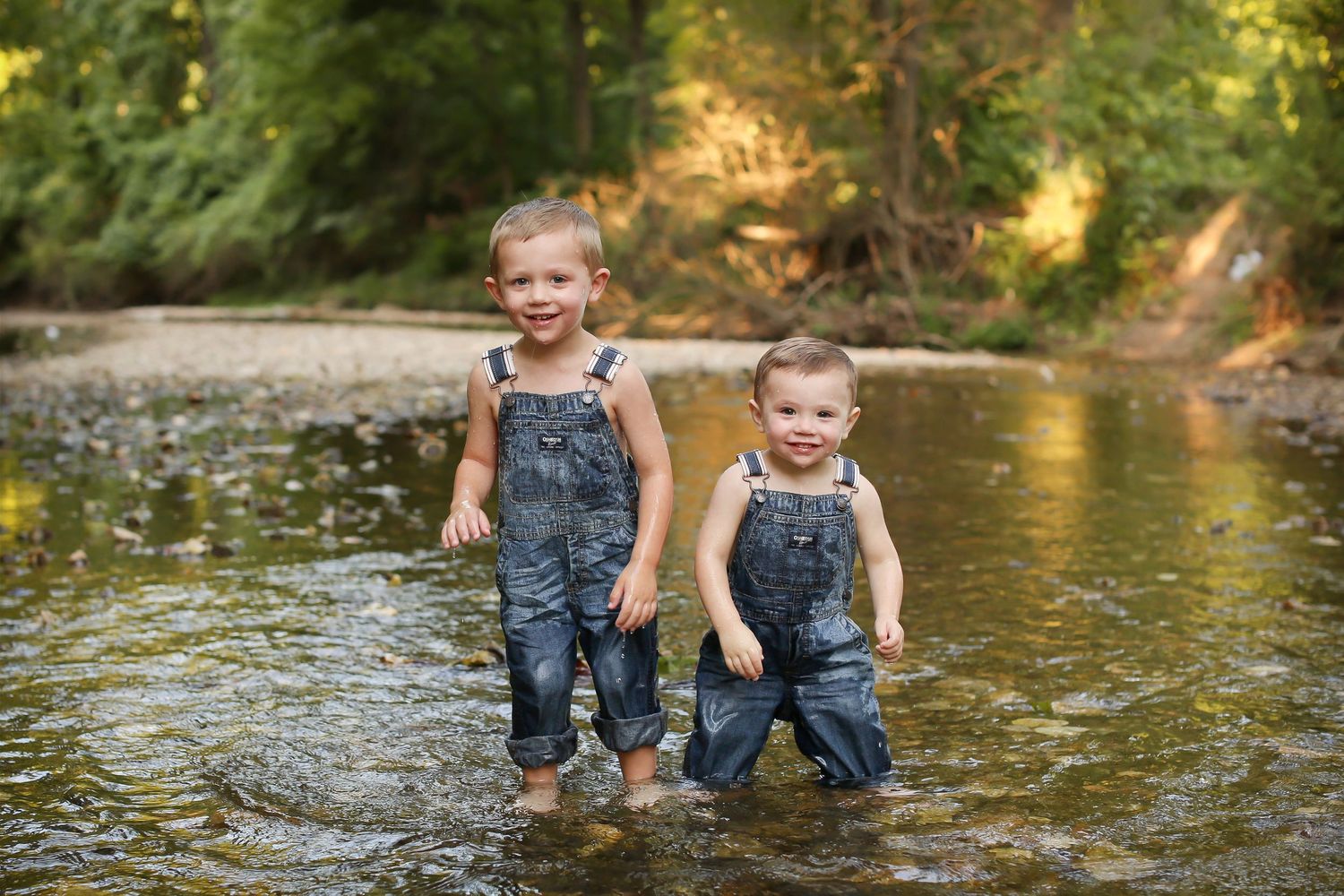Family photo session at creek with natural water and sunlit forest backdrop.