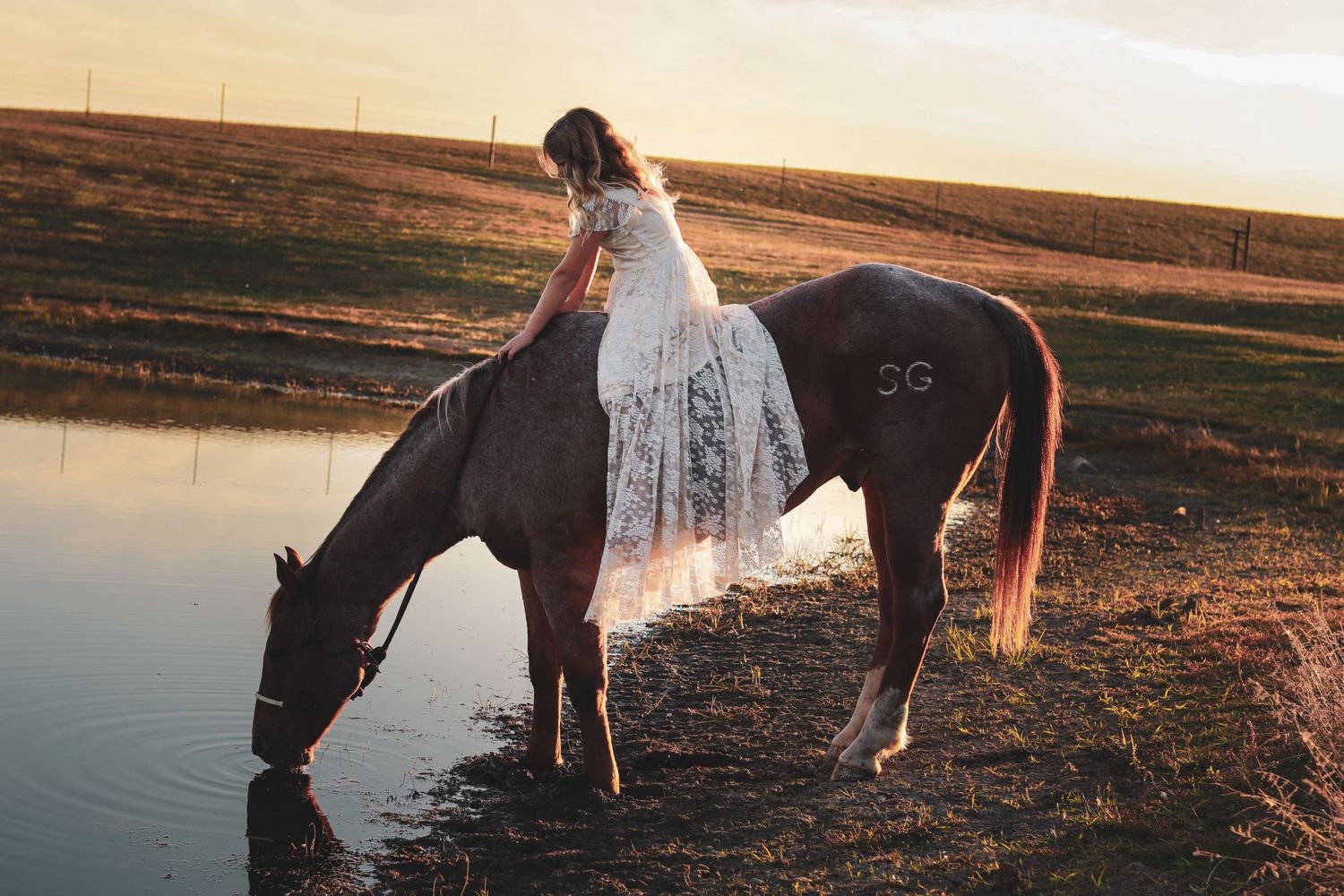 Silhouettes of people and horses against a sunset backdrop near a lake.
