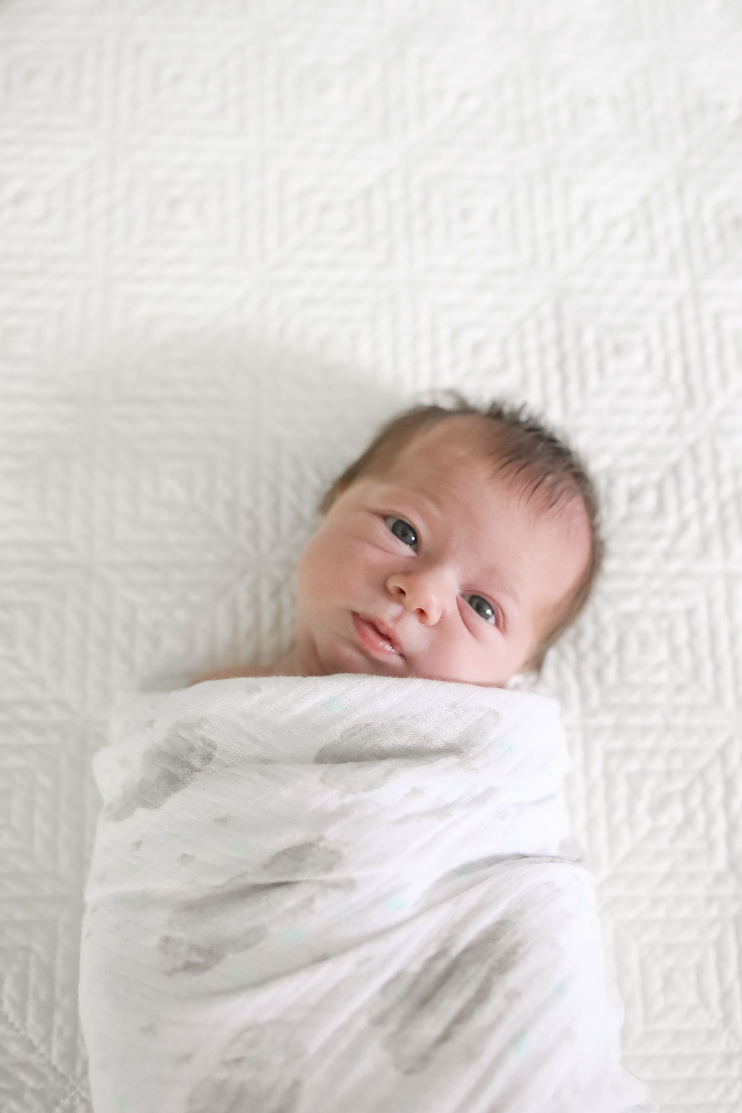 Newborn wrapped in white swaddle on textured white background sequence.