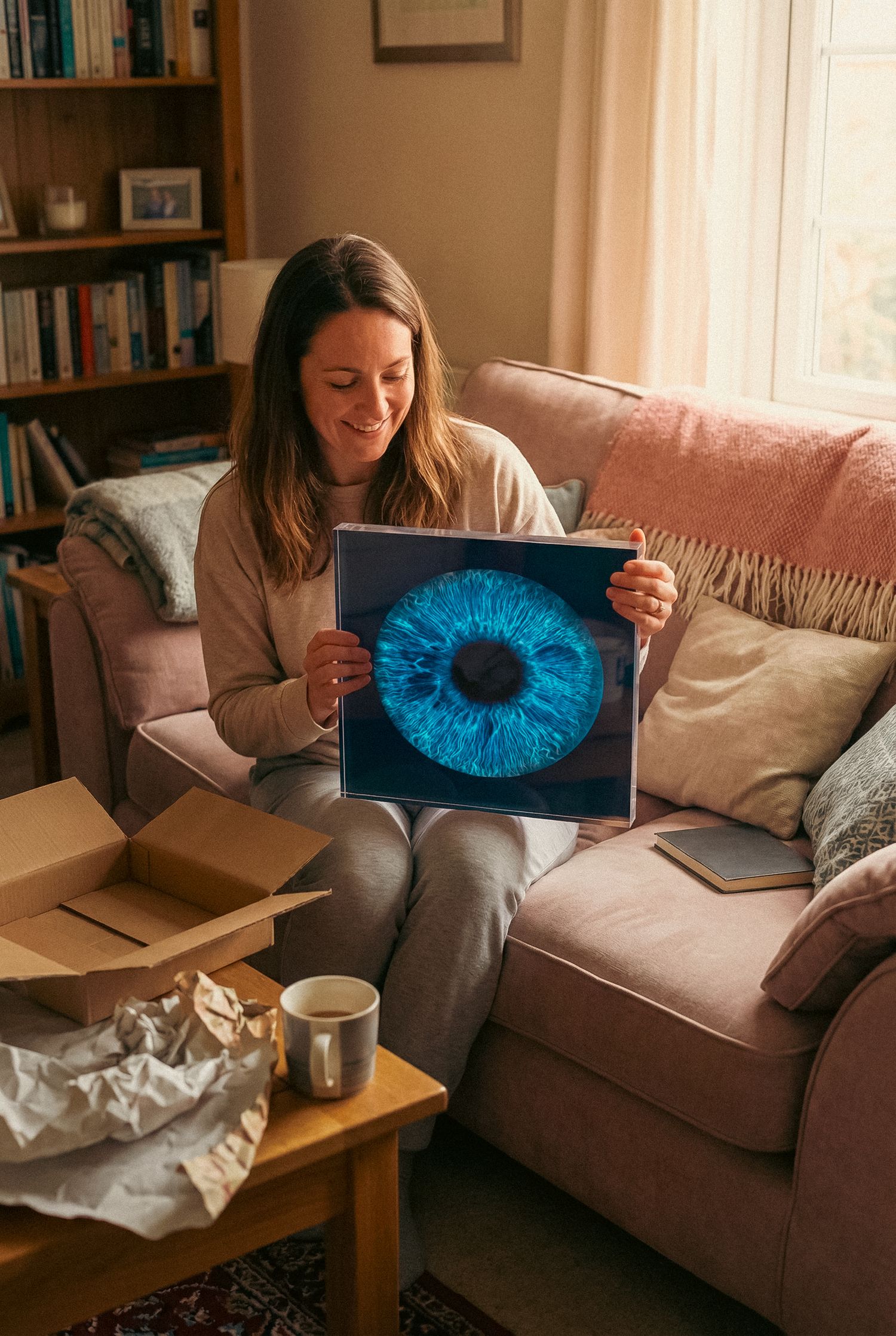 Person sitting on brown couch works on laptop while viewing bright blue iris artwork on screen in cozy home setting.
