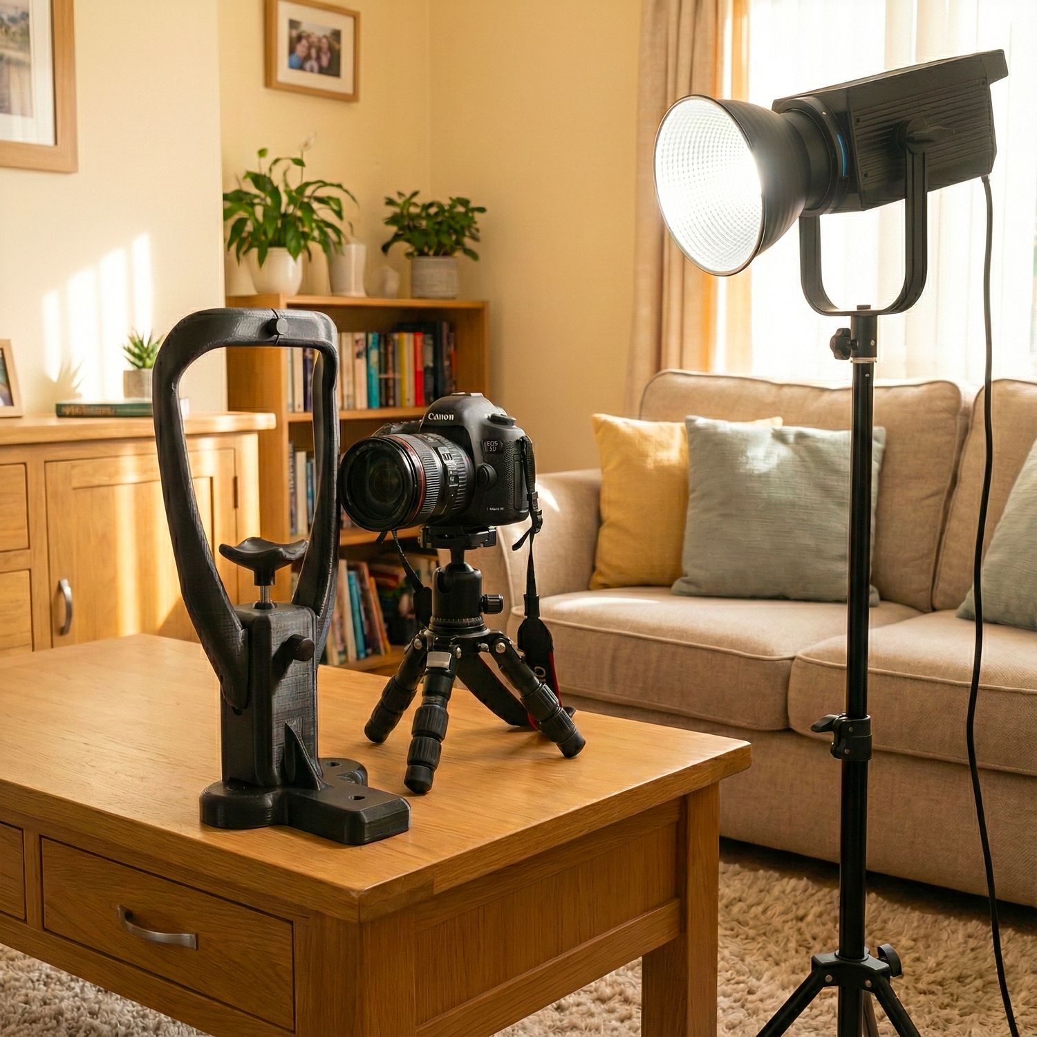 Professional photography studio setup with camera equipment and lighting on wooden furniture in a bright room.