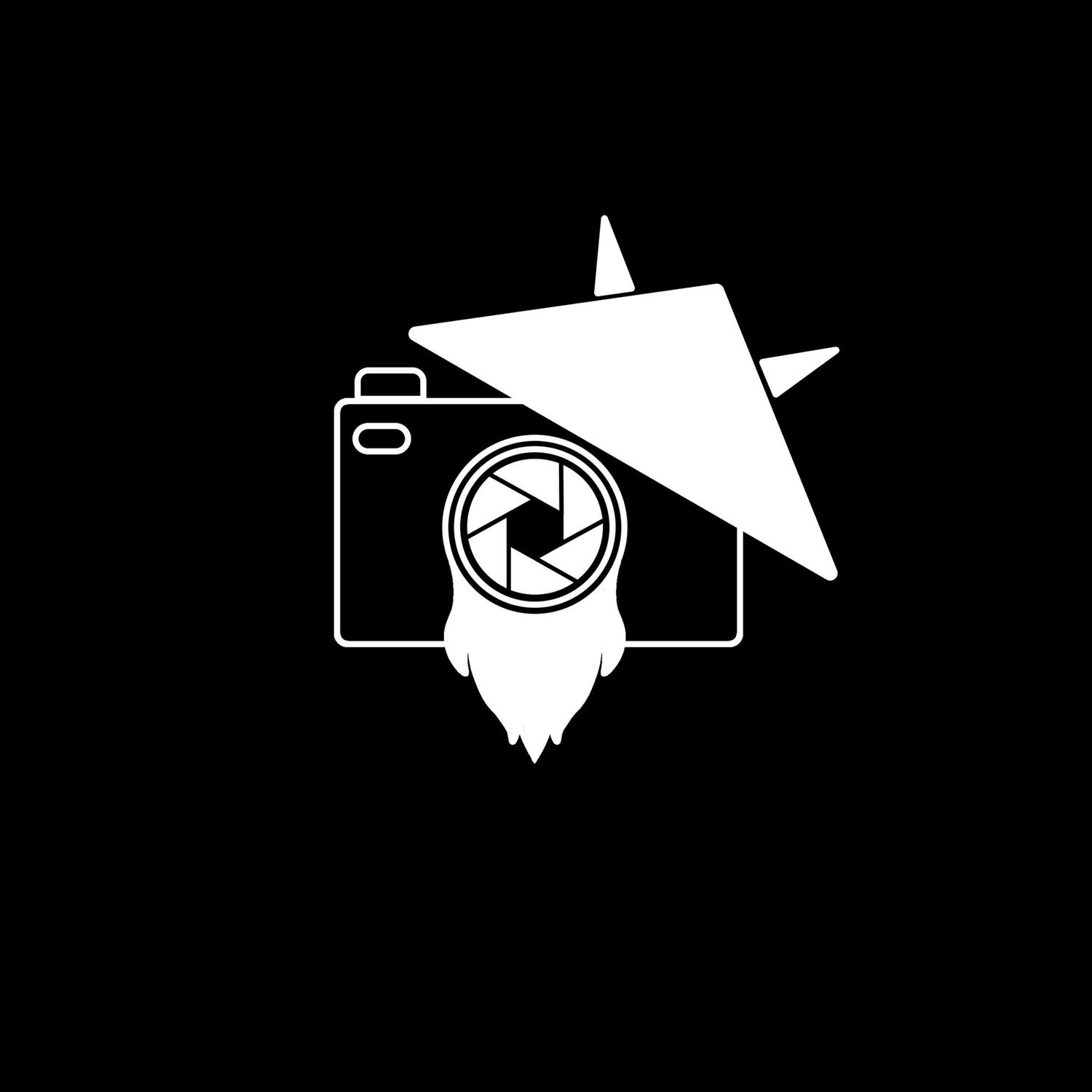 A minimalist white logo design combining a camera and  japanese traditional hat on black background.