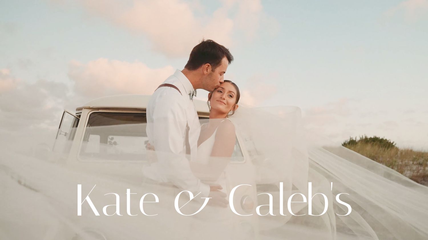 A romantic wedding photo collection featuring soft pink tones and intimate moments captured at sunset.