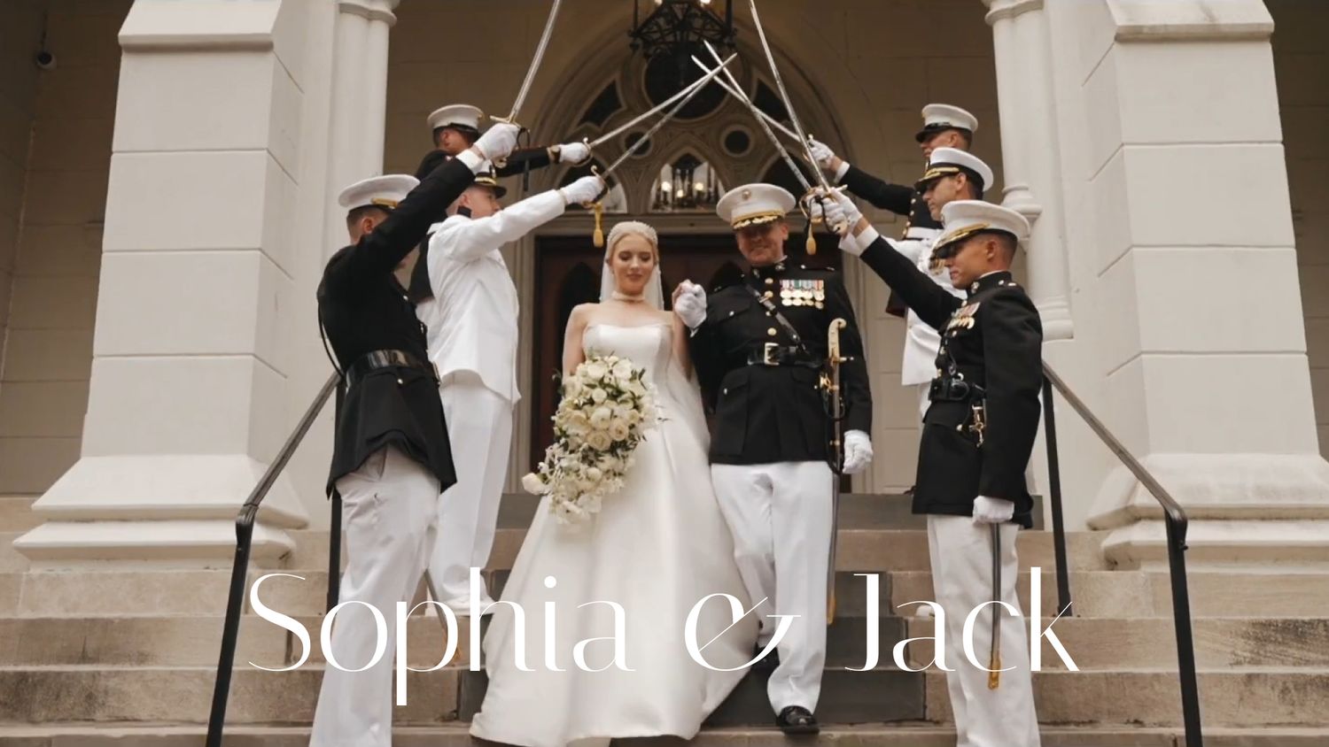 Military service members perform a traditional sword arch ceremony on formal stone steps at an elegant wedding celebration.