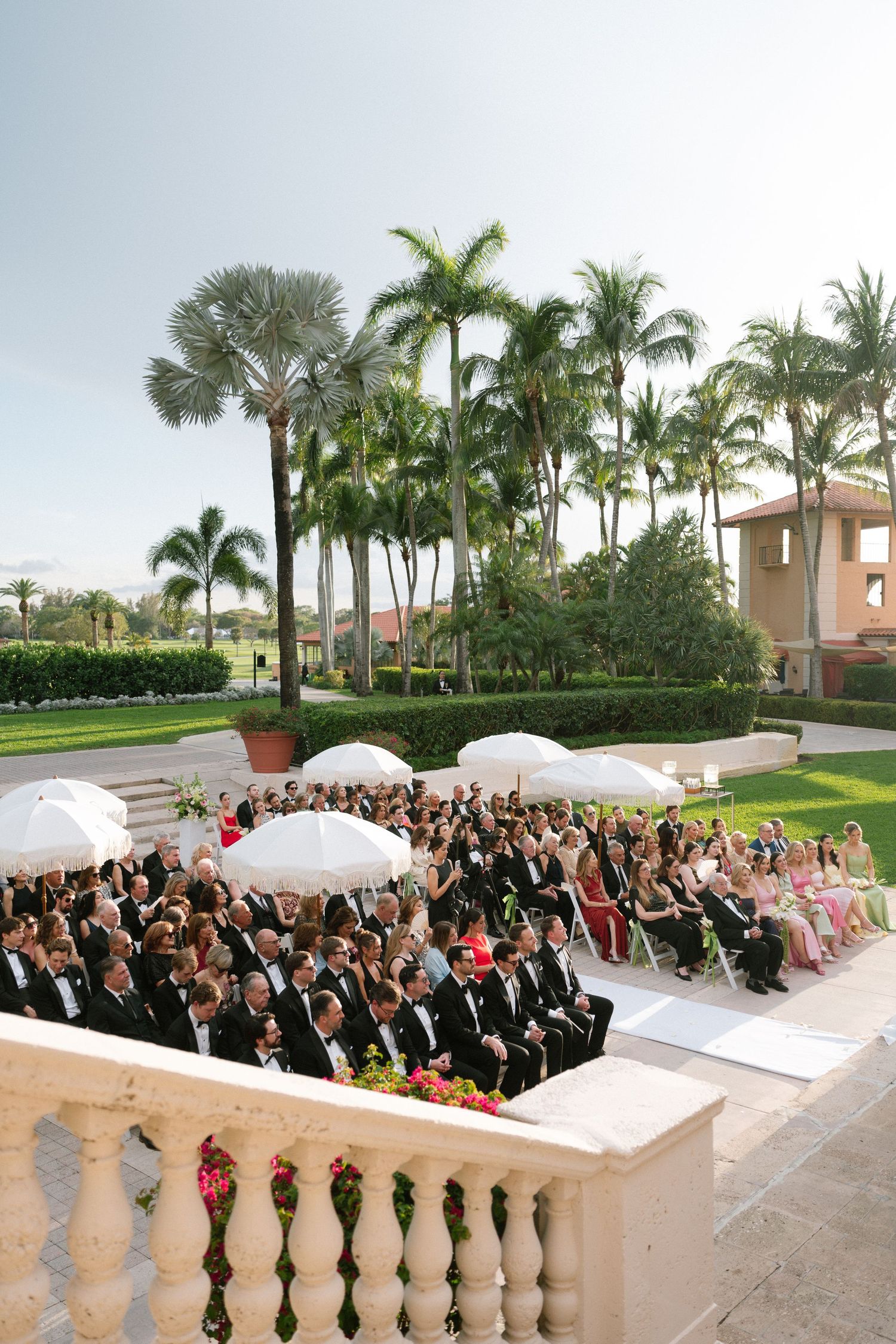 Outdoor wedding ceremony with guests seated on white chairs surrounded by tall palm trees at a tropical venue.