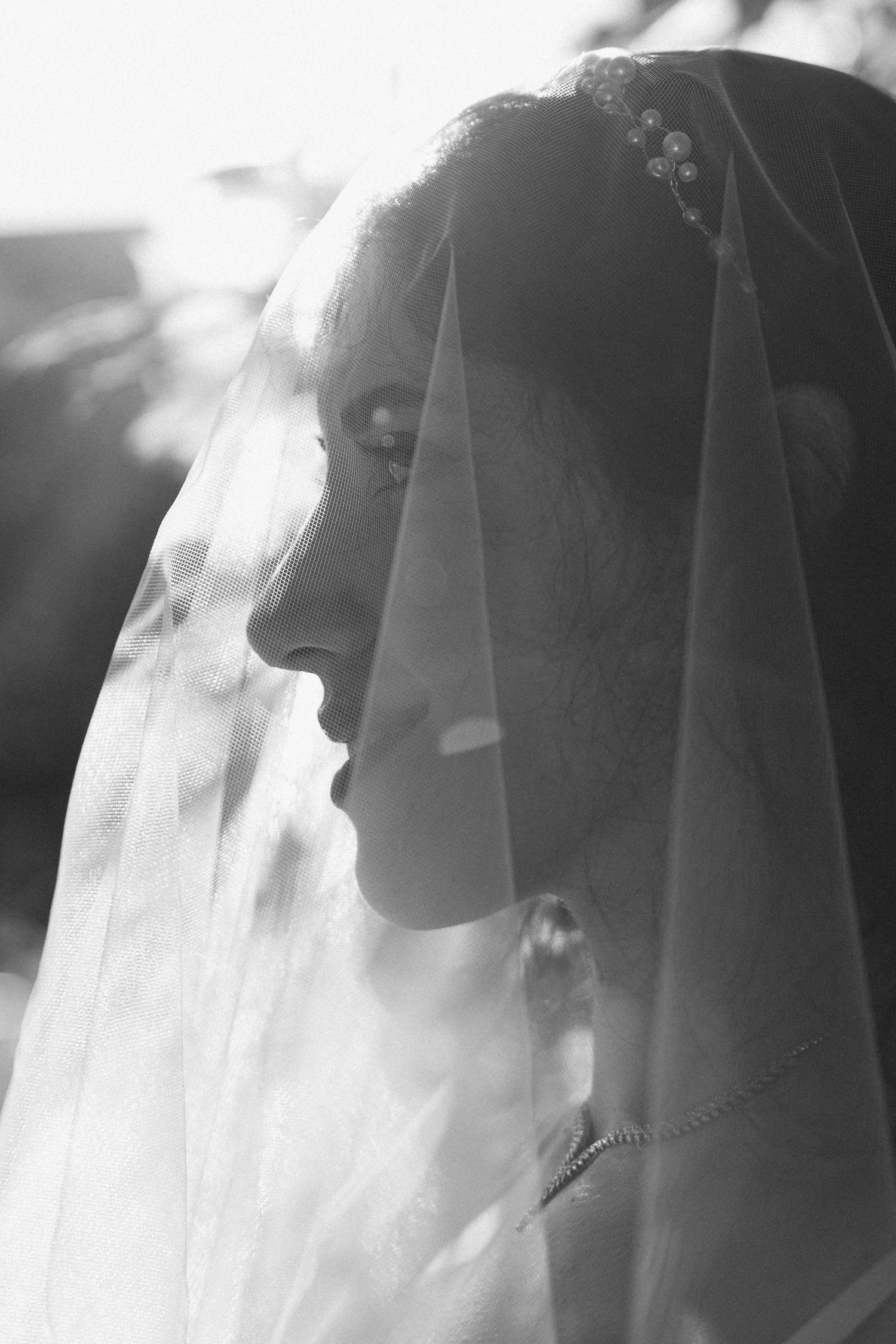 Ethereal black and white profile portrait showing a delicate bridal veil silhouetted against soft natural light.