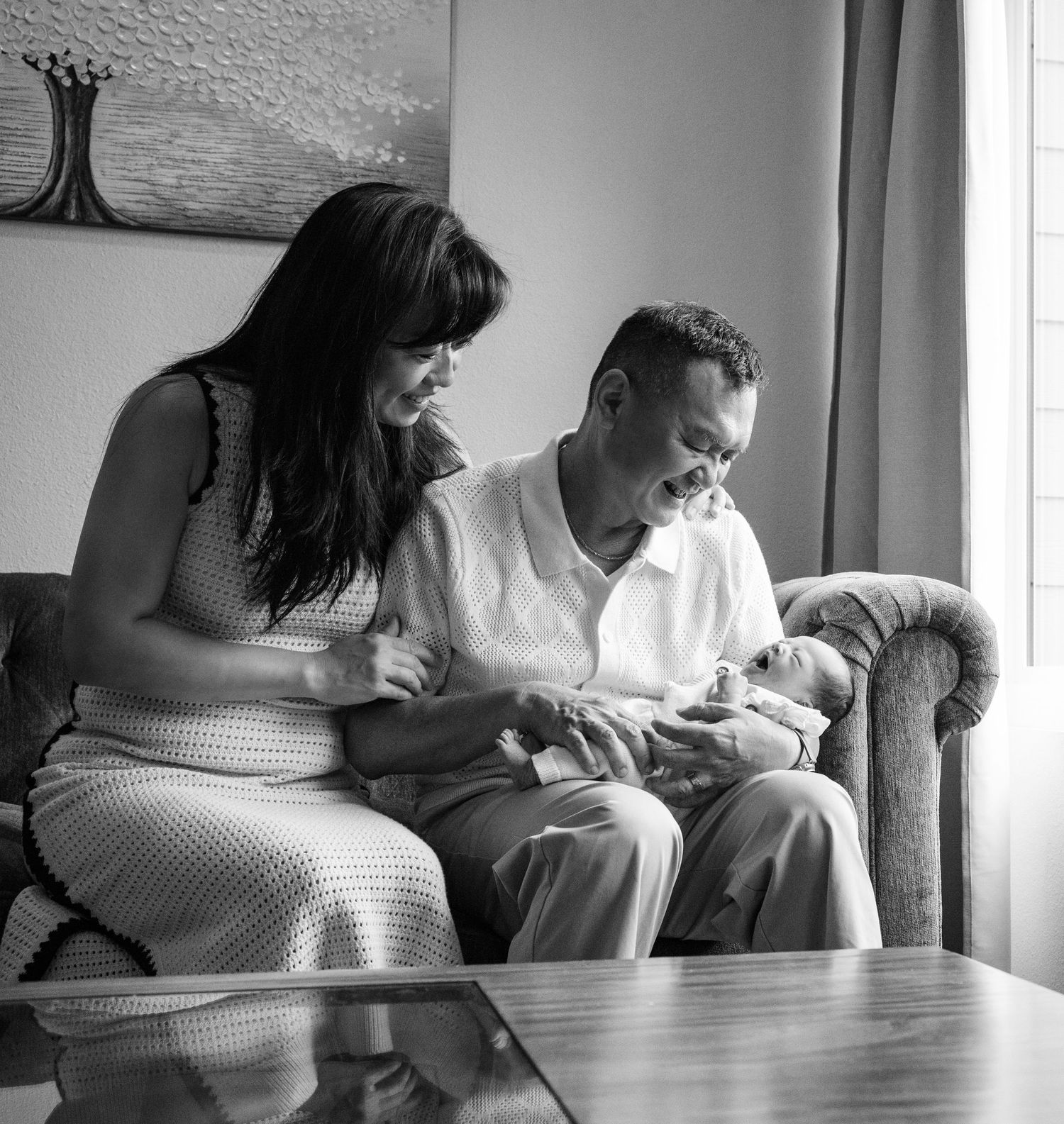 A series of black and white lifestyle photos showing tender family moments with a newborn baby at home.