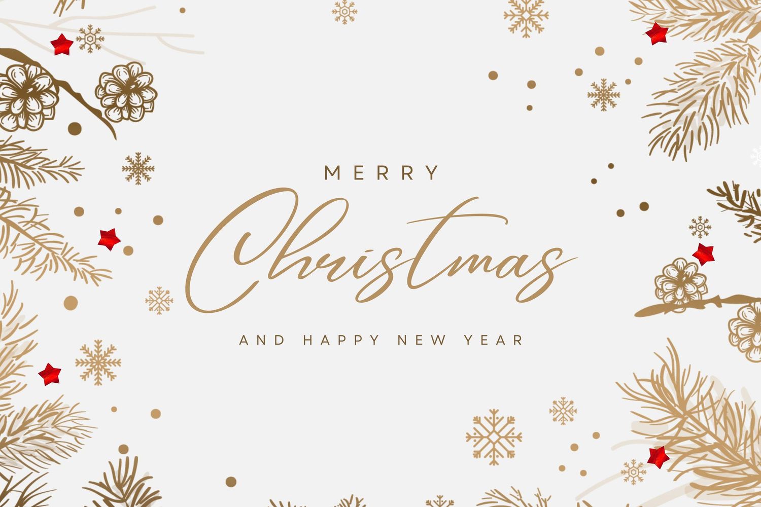 Elegant gold and red Christmas banner design with snowflakes, pine branches and stars on white background.
