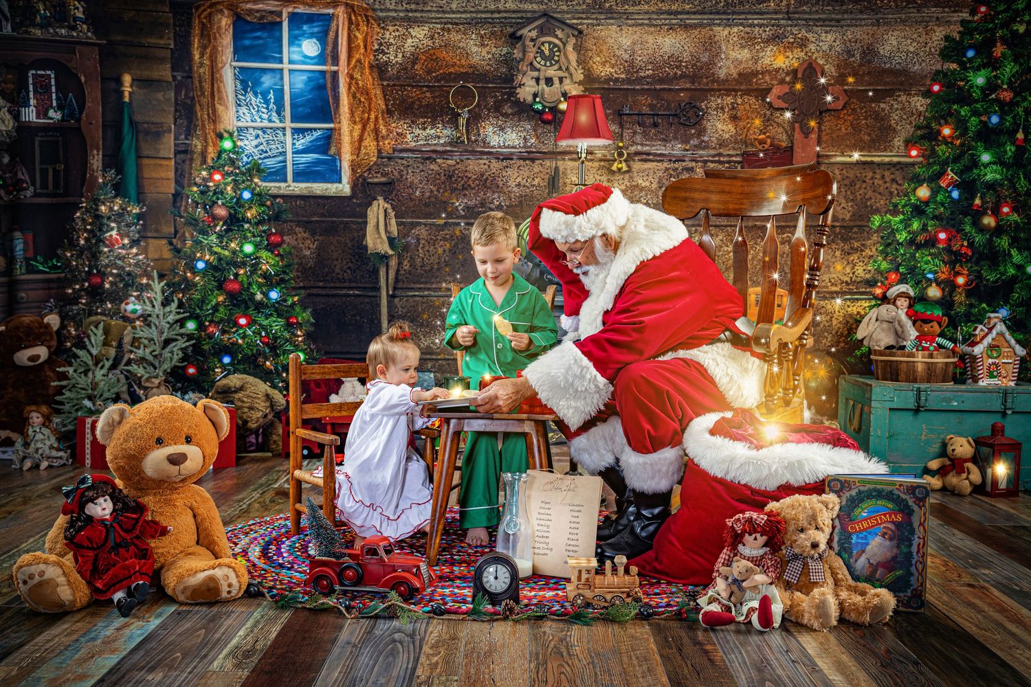 A cozy rustic Christmas scene with a decorated tree, presents, and holiday decorations in a warm wooden cabin interior.