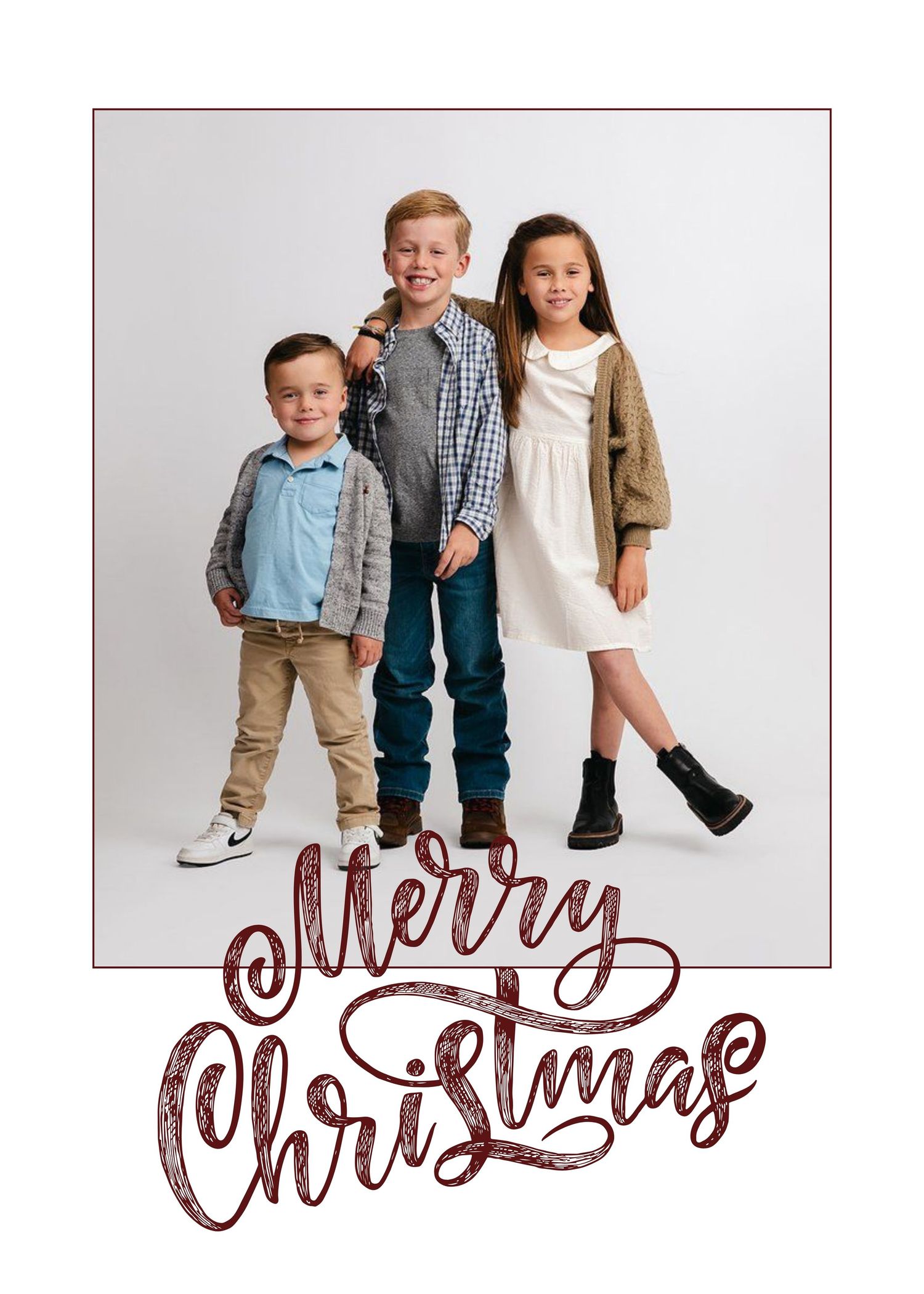 A series of four casual family photos with Merry Christmas text overlays arranged in a horizontal layout against white.