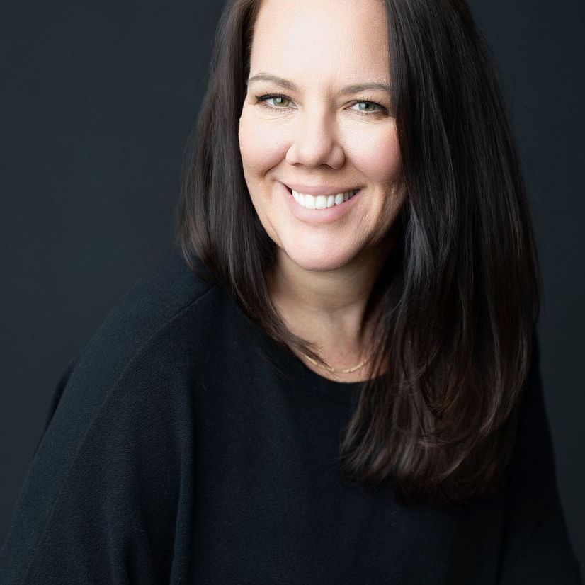 Professional headshot portraits of a woman with dark hair smiling against a dark background in various poses.