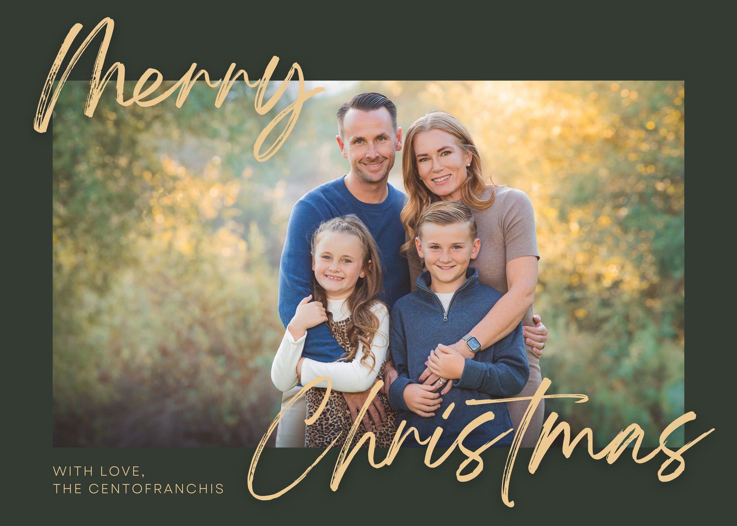 Holiday photo cards arranged in a collage display with gold script text and warm autumn colors in the background.