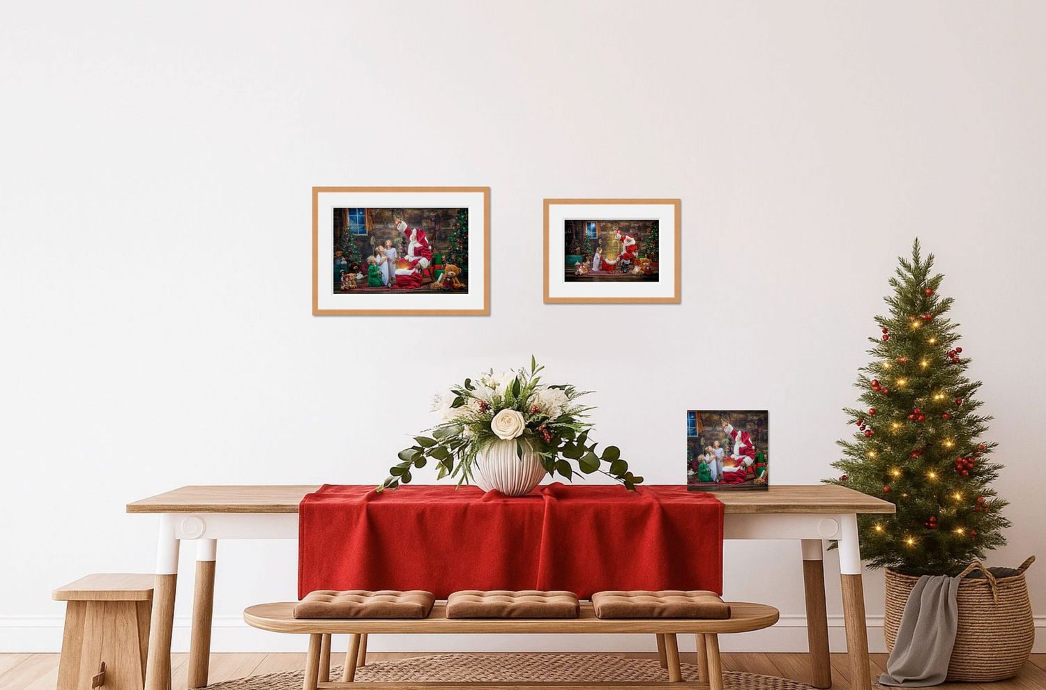 Long banquet table with red runner and Christmas tree decorated for a festive holiday celebration.
