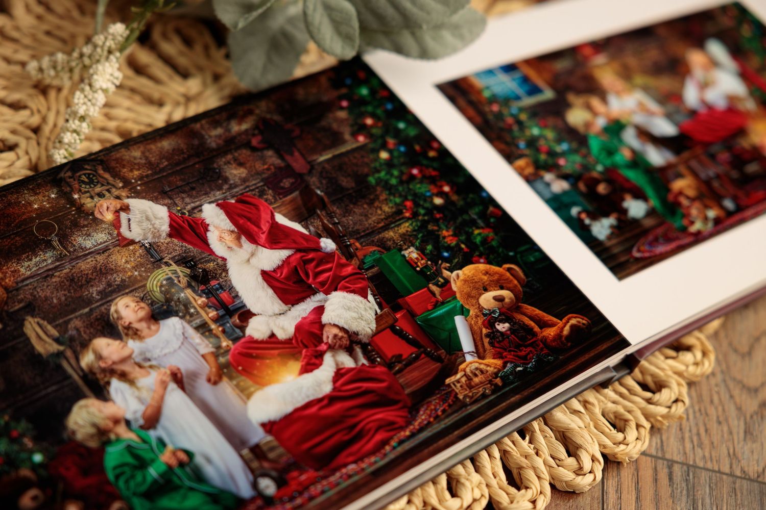 A series of holiday photos arranged in a row showing Christmas decorations and festive moments on a wooden surface.