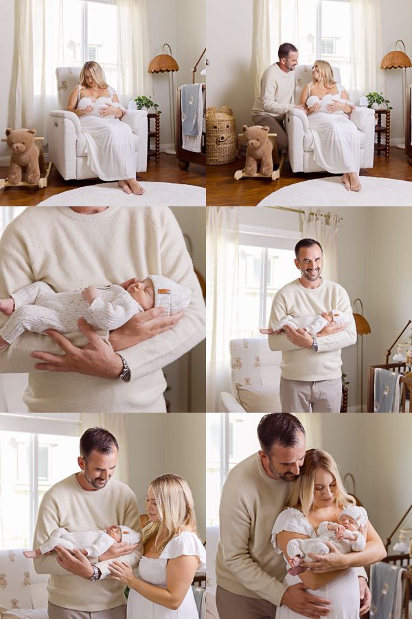 Newborn lifestyle photo collage of new parents in cozy neutral outfits cradling their sleeping baby in a bright, airy nursery.
