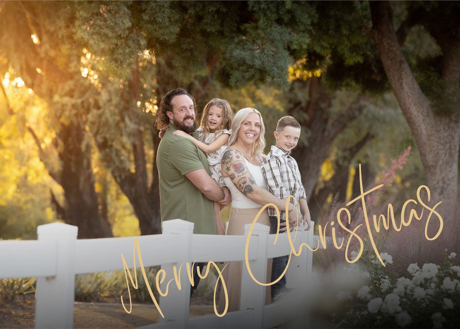 A panoramic collage of sunset family portraits in a natural outdoor setting with golden lighting and rustic elements.