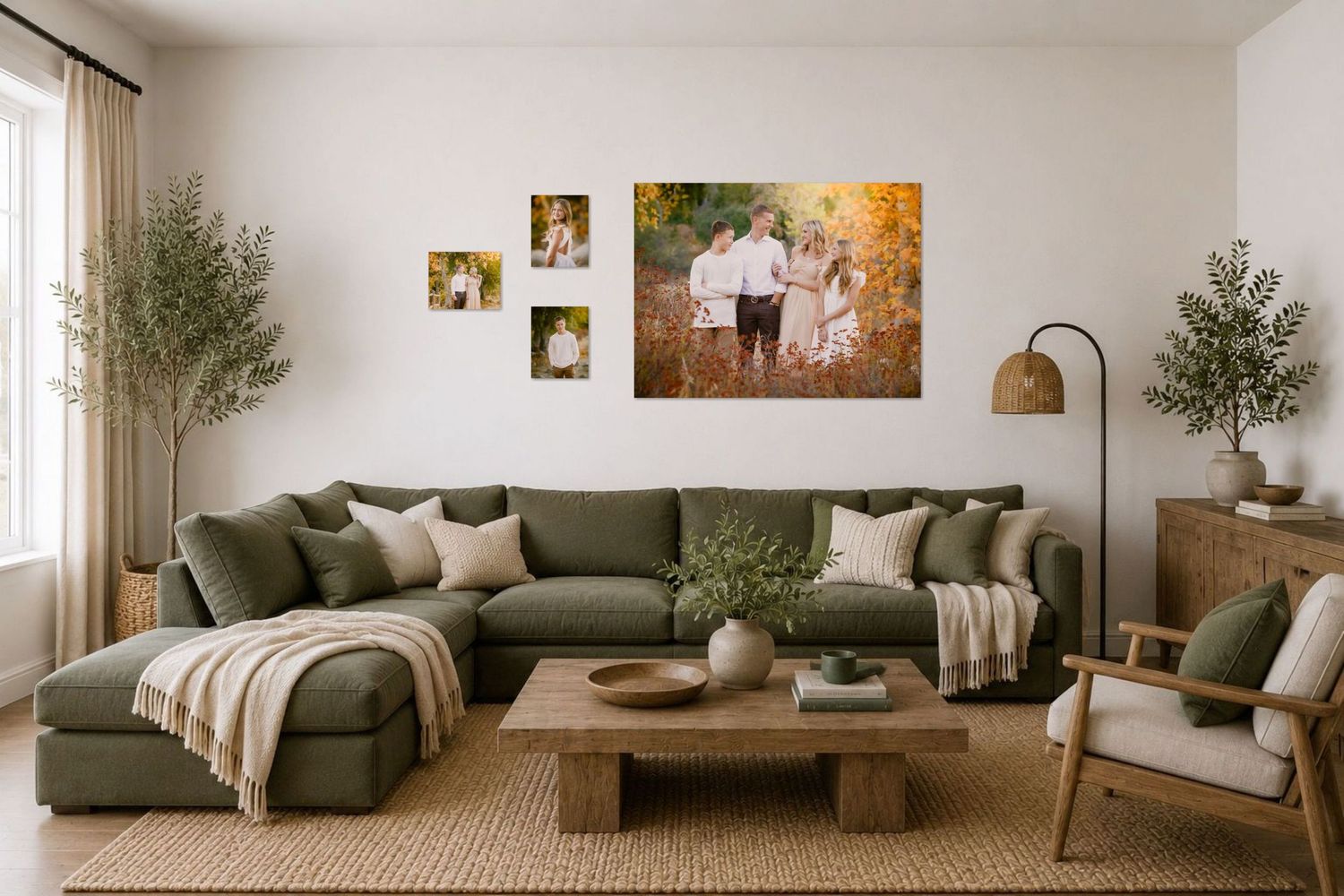 Cozy living room with green sectional sofa, wood coffee table, and family portrait gallery wall featuring autumn photos.