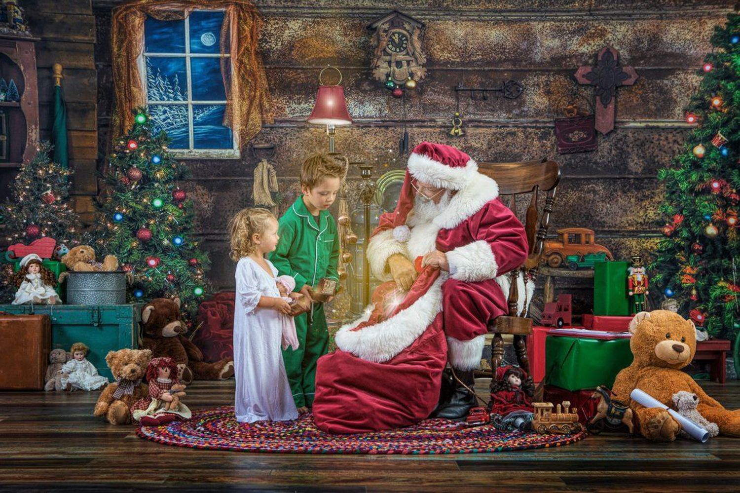 Children meeting Santa Claus in cozy decorated Christmas cabin with gifts and teddy bears.
