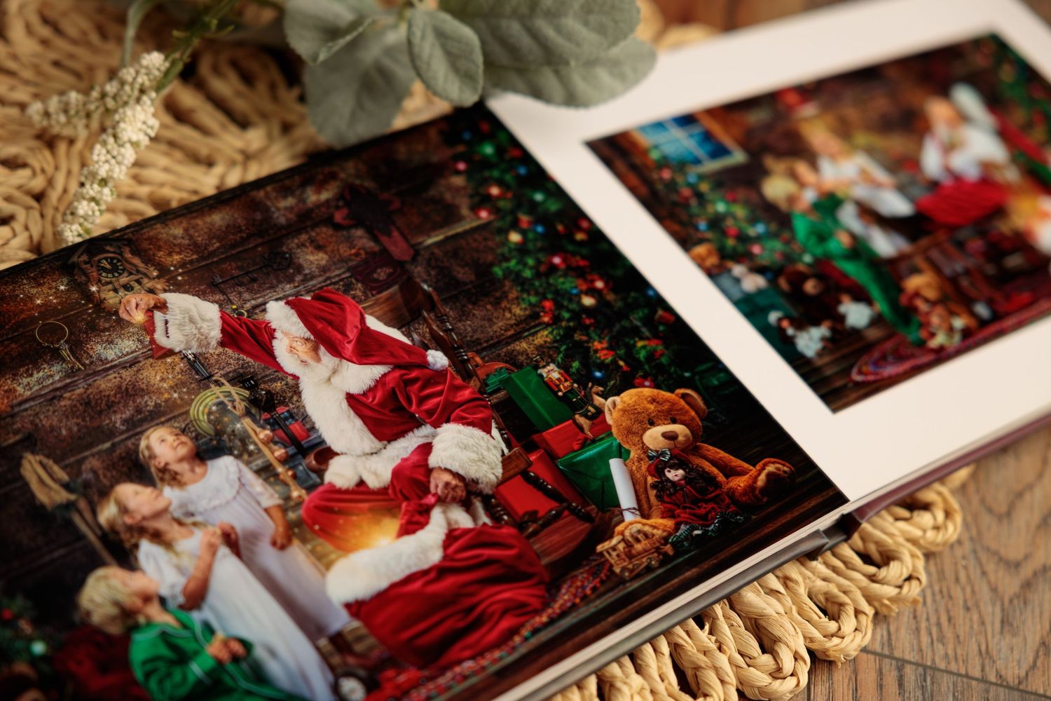 Festive Christmas decorations and ornaments arranged with a traditional red and white color scheme in a holiday display.