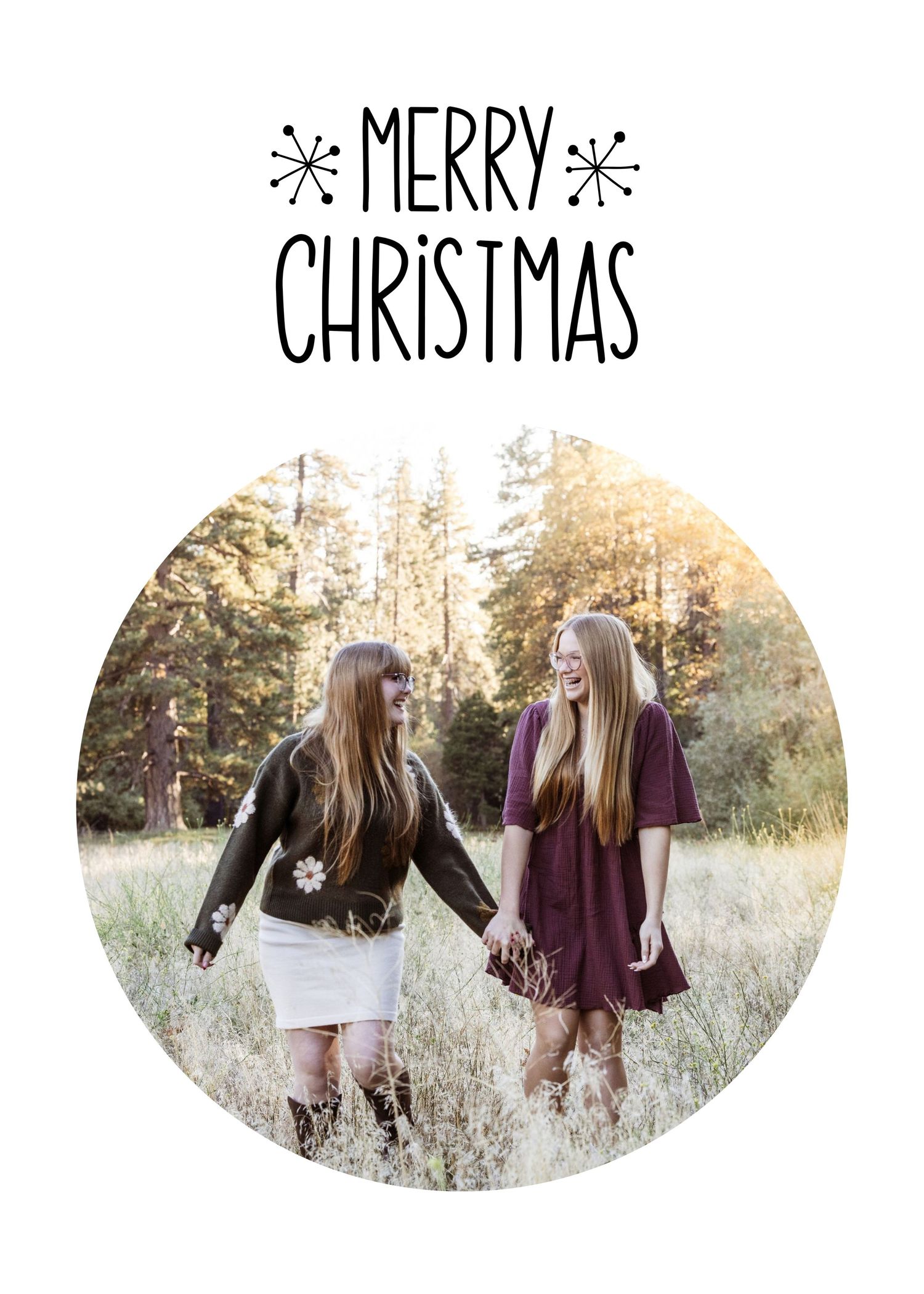 Four oval-shaped Christmas photos show matching outfits in a sunlit meadow with burgundy sweaters and jeans.