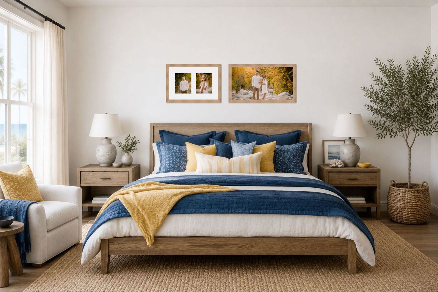 Coastal farmhouse bedroom with navy blue and yellow bedding, wood furniture, framed family photos, and a potted olive tree.