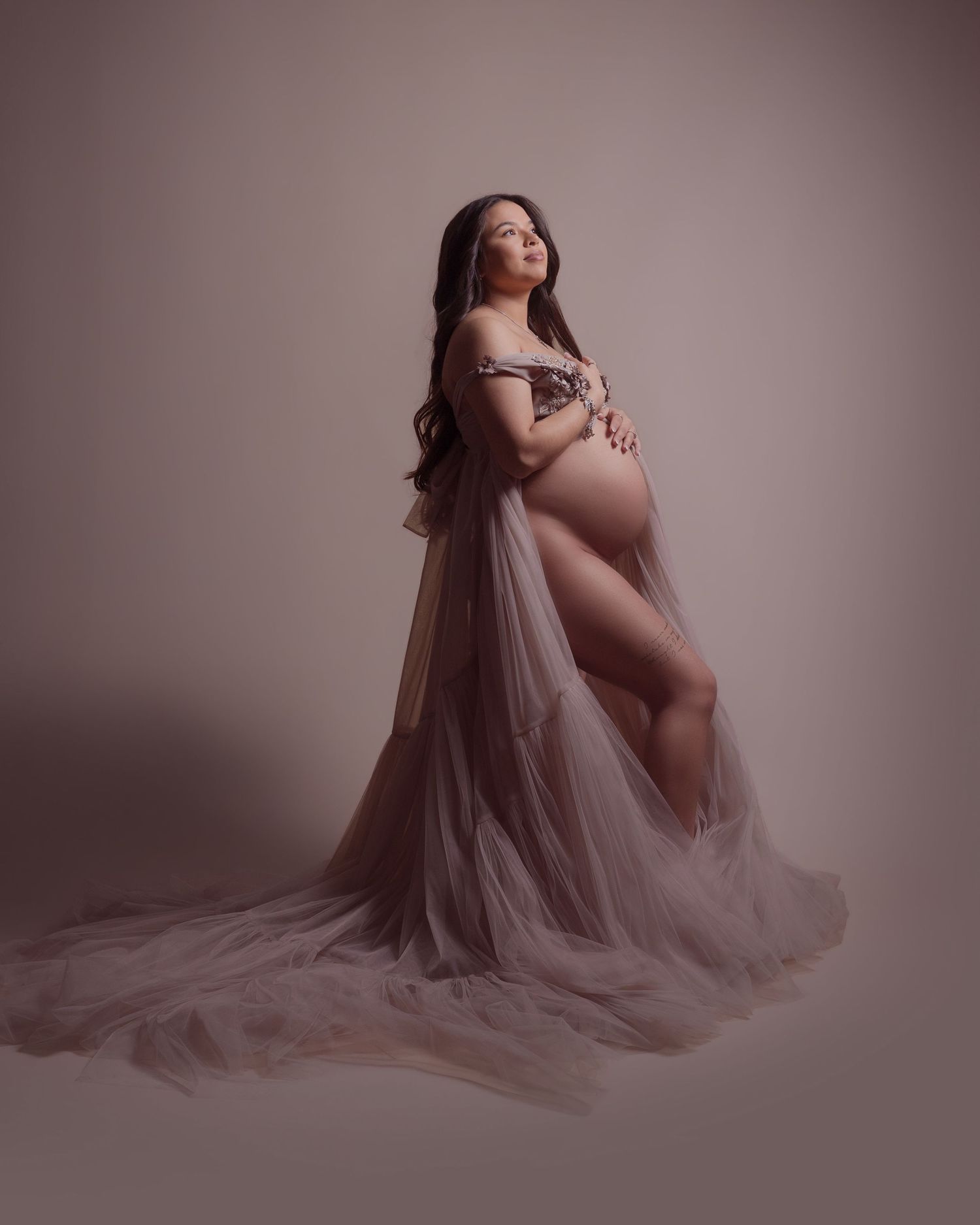 Maternity photoshoot in soft pink tones featuring a flowing sheer dress and dramatic studio lighting.