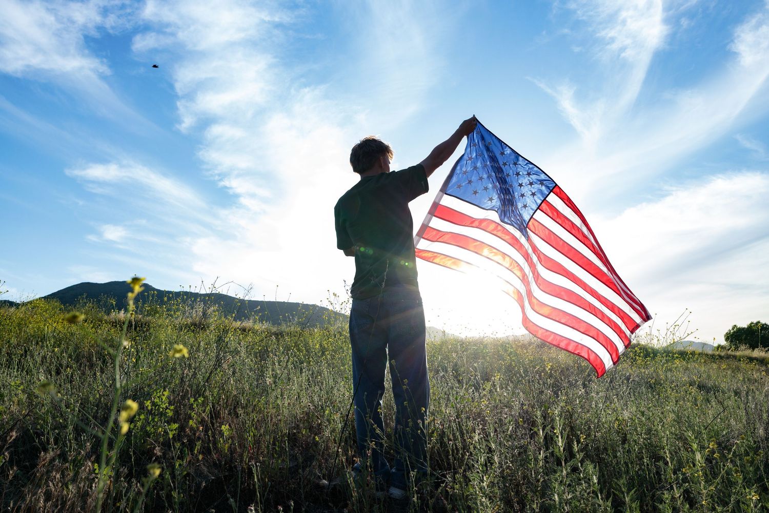 Person holding American flag in sunlit green field.
