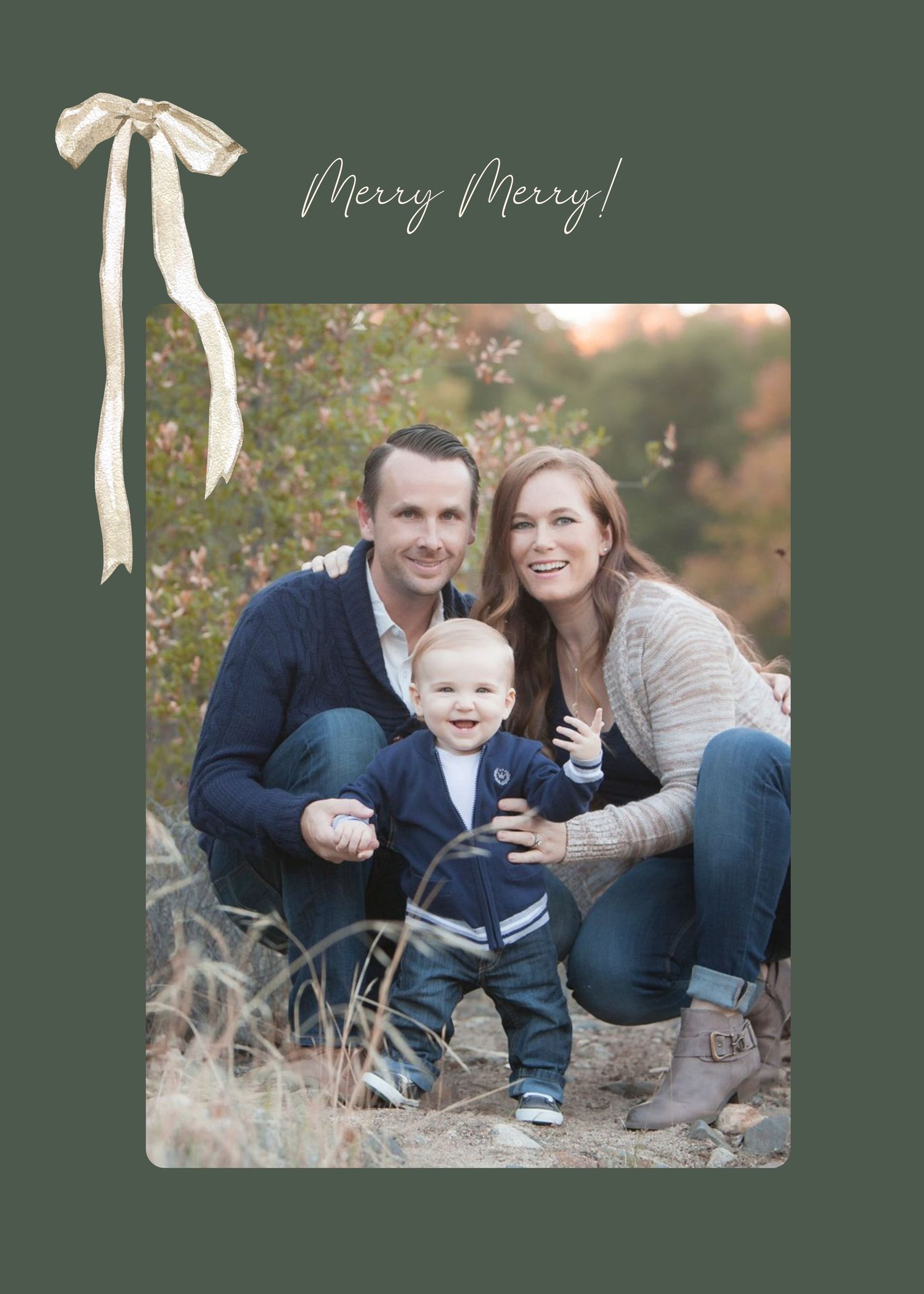 A holiday photo card with 'Merry Merry!' text featuring a family posing outdoors in casual attire during autumn.