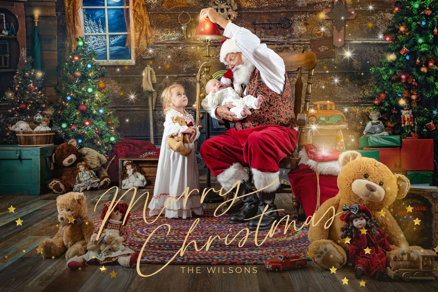 A festive Christmas scene with Santa Claus and a small child surrounded by decorated trees, toys and twinkling lights.