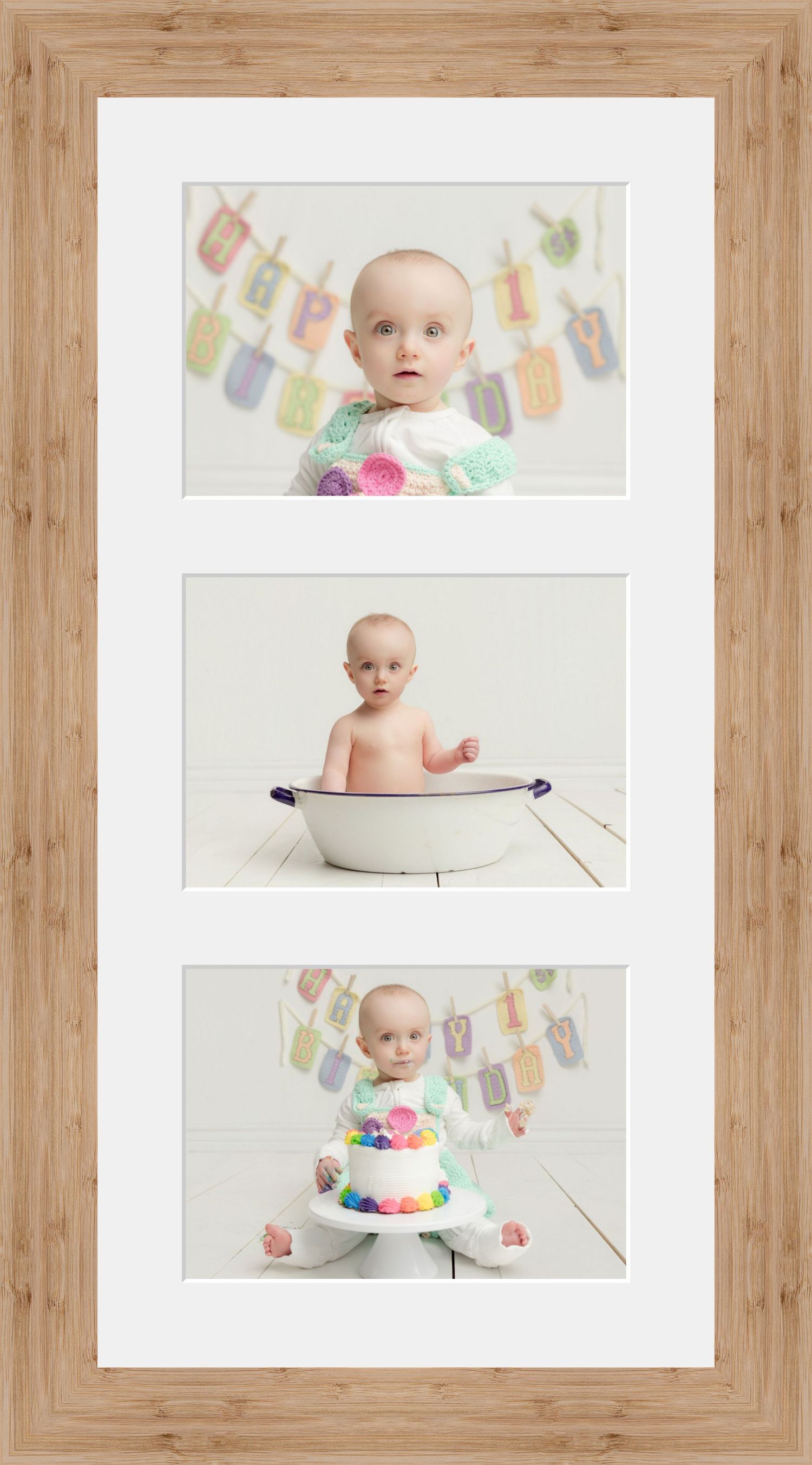A baby's first birthday photo collage in a wooden frame featuring three portraits with a Happy Birthday banner, bath, and cake.