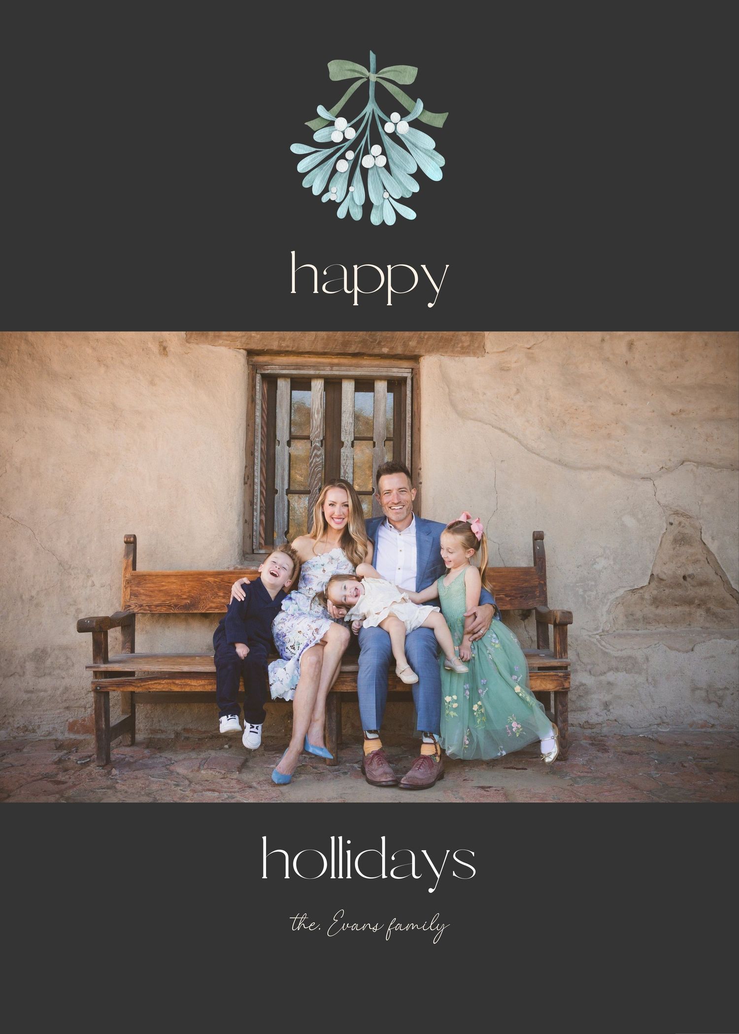 Family portrait collage showing three outdoor photos on rustic stone wall background with holiday text overlay.