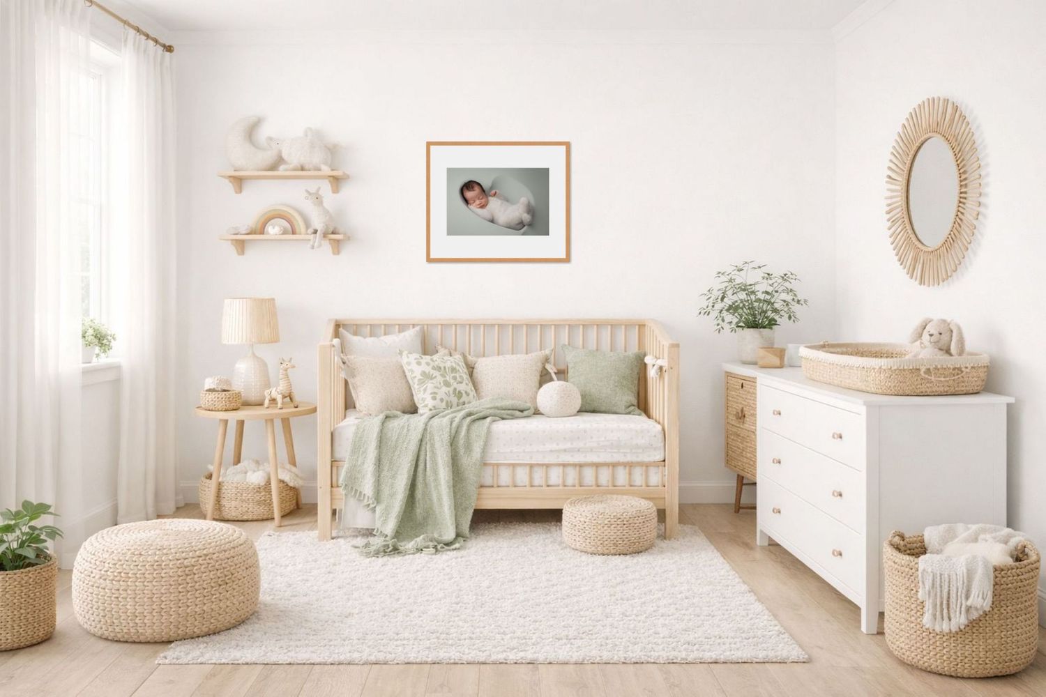 Bright nursery with natural wood crib, green accents, woven textures, and a framed baby portrait above the bed.