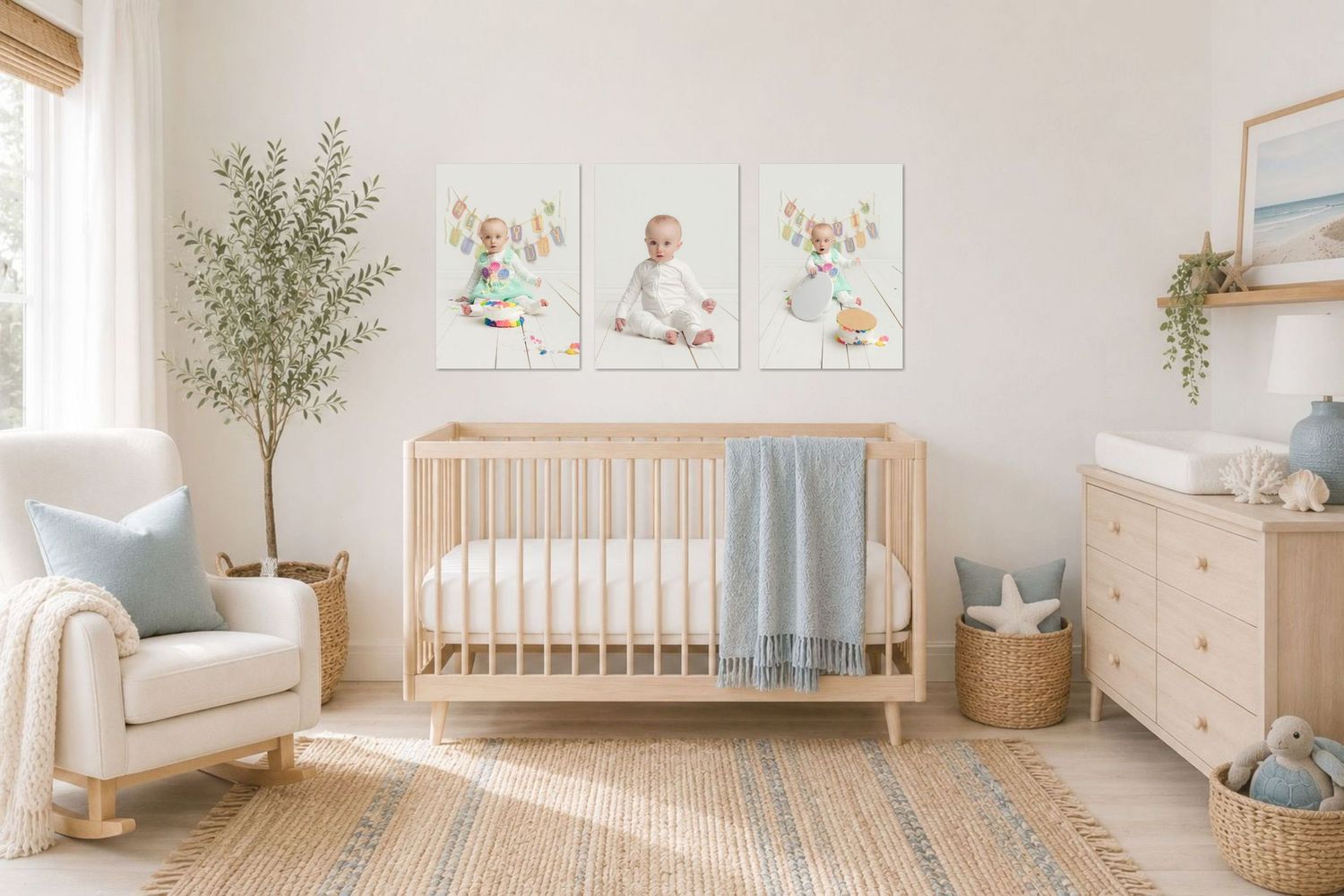 Serene nursery with wooden crib, white rocker, dresser, olive tree, and three baby milestone photos on a beige wall.