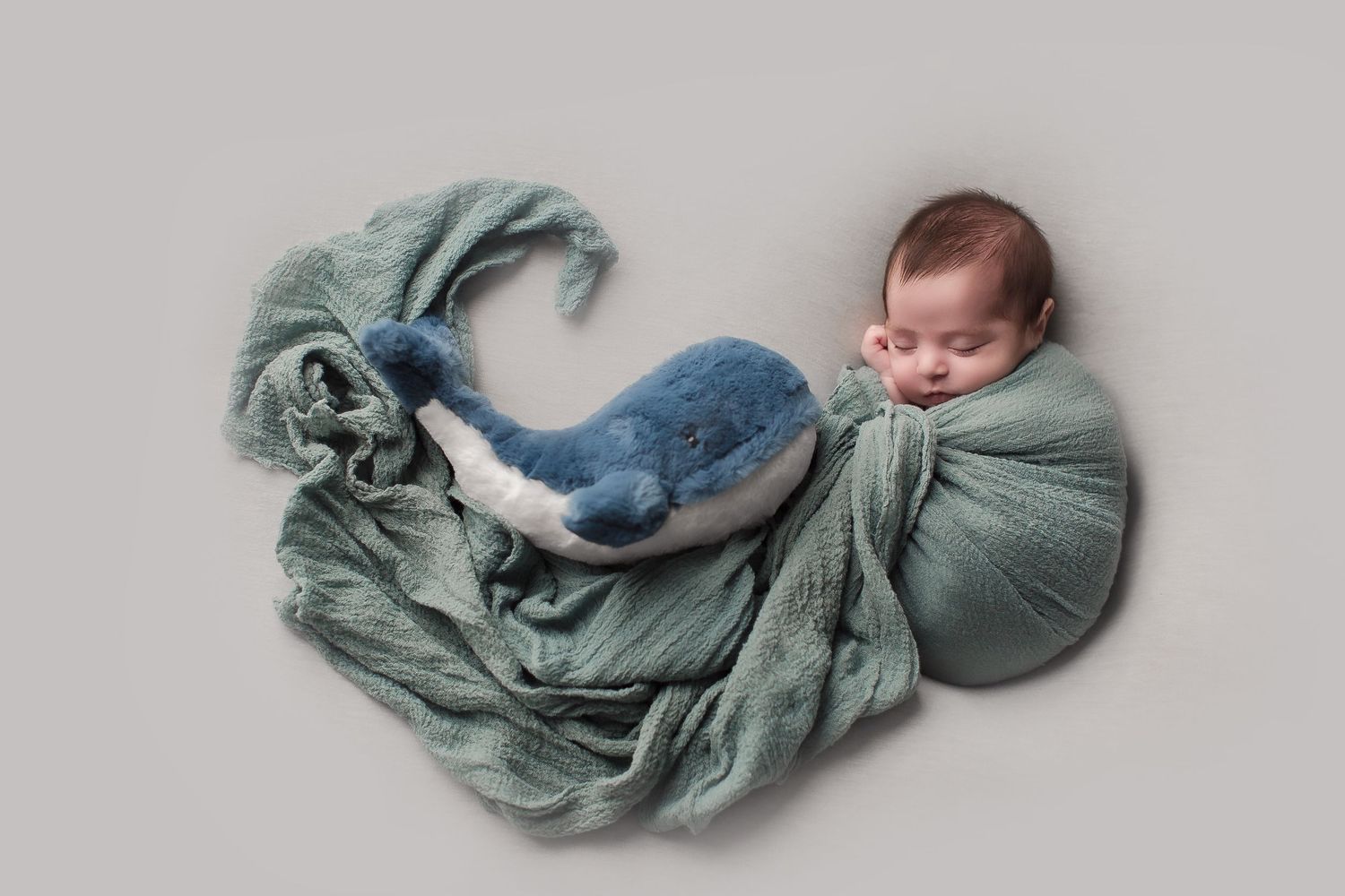 A newborn baby wrapped in soft sage green fabric lying peacefully next to a blue plush toy.