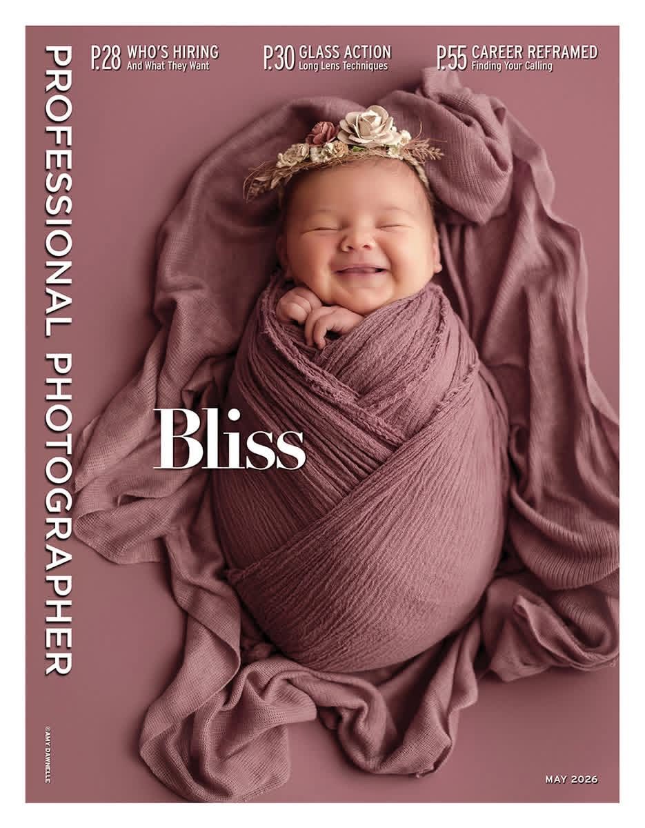 May 2025 Professional Photographer magazine cover featuring a smiling newborn baby wrapped in pink fabric with a floral headband.