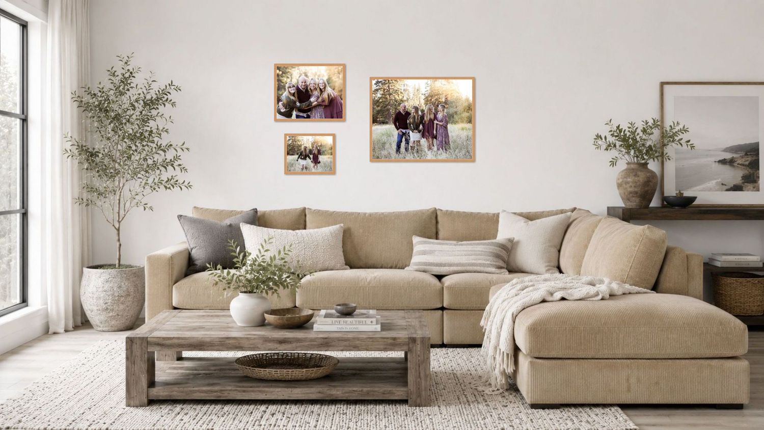 Bright living room with beige sectional sofa, wood coffee table, and three framed family photos displayed on white wall.