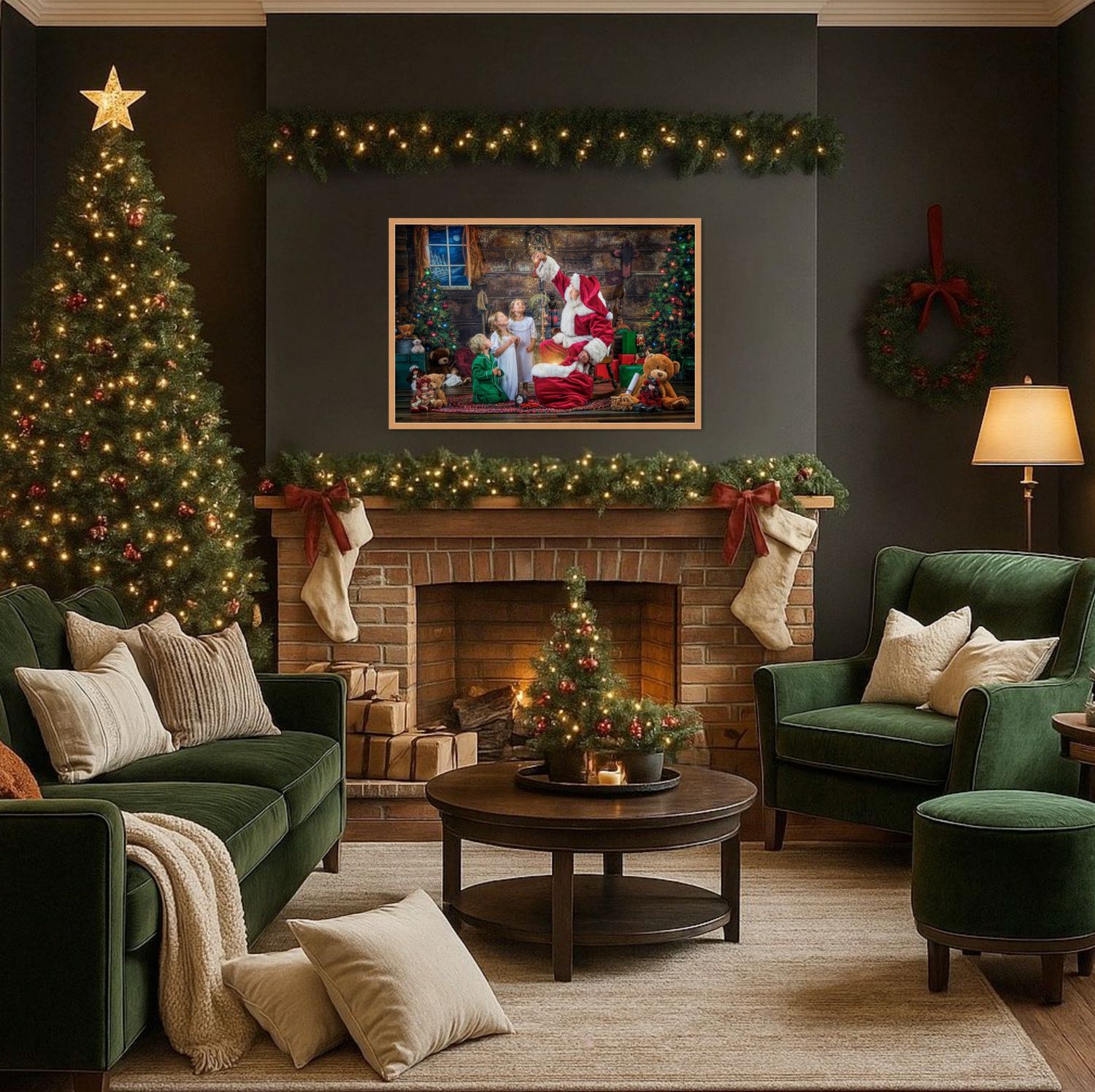 Cozy Christmas living room setup with green velvet chairs, brick fireplace, and festive holiday decorations.