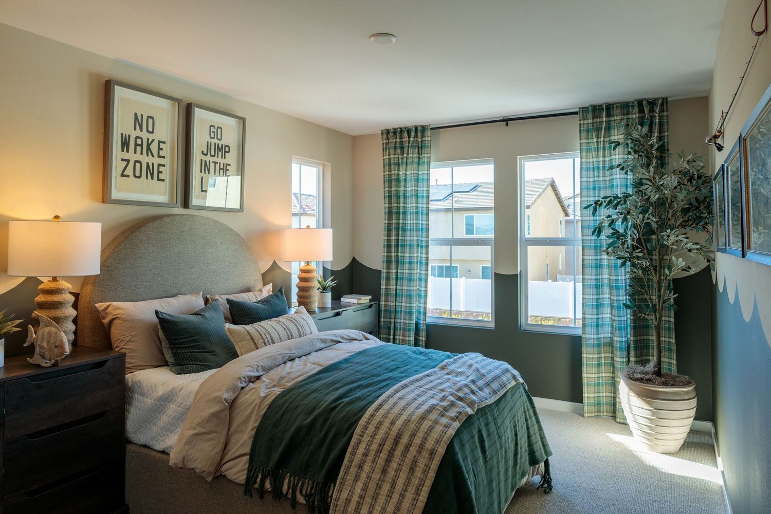 A series of modern bedroom interior shots showing coastal decor, plush bedding, and natural lighting through windows.