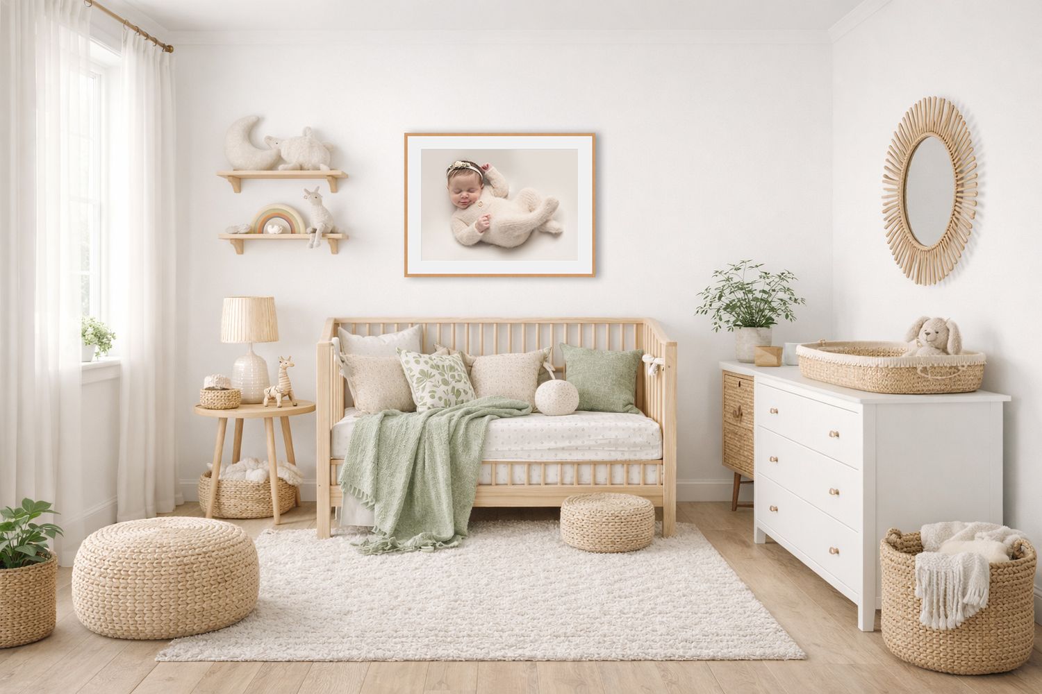 Bright and airy nursery room with natural wood furniture, white walls, and soft green accents creates a peaceful atmosphere.