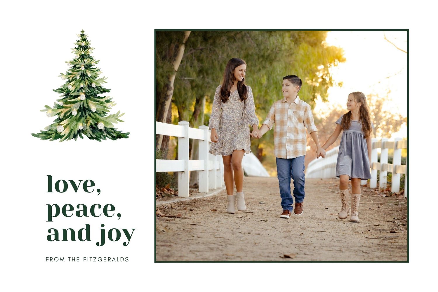 Minimalist holiday photo collage with pine trees and text saying love, peace and joy against natural outdoor backgrounds.