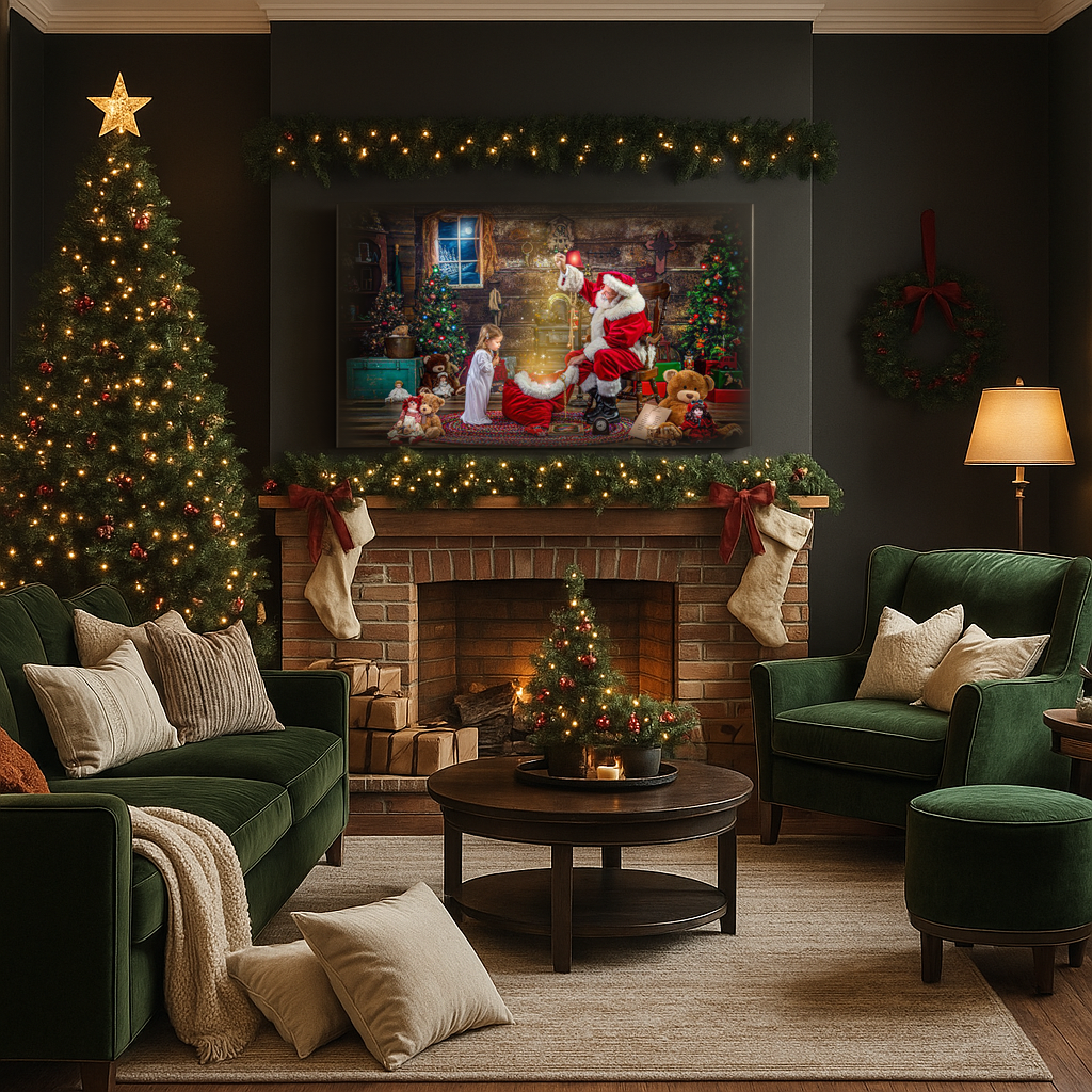 Cozy living room decorated for Christmas with green velvet couch, brick fireplace, and twinkling holiday lights.