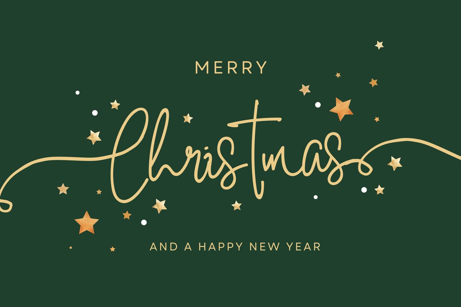 Elegant gold text reading 'Merry' with stars and flourishes on a dark green background for holiday greetings.