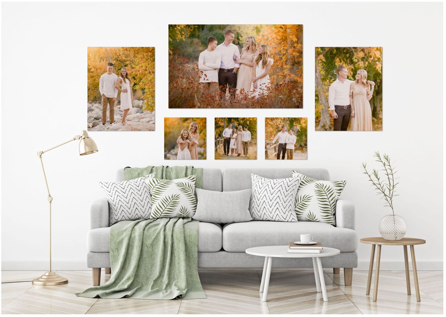 A serene lifestyle photography collage featuring autumn outdoor scenes and cozy neutral-toned living room interiors.