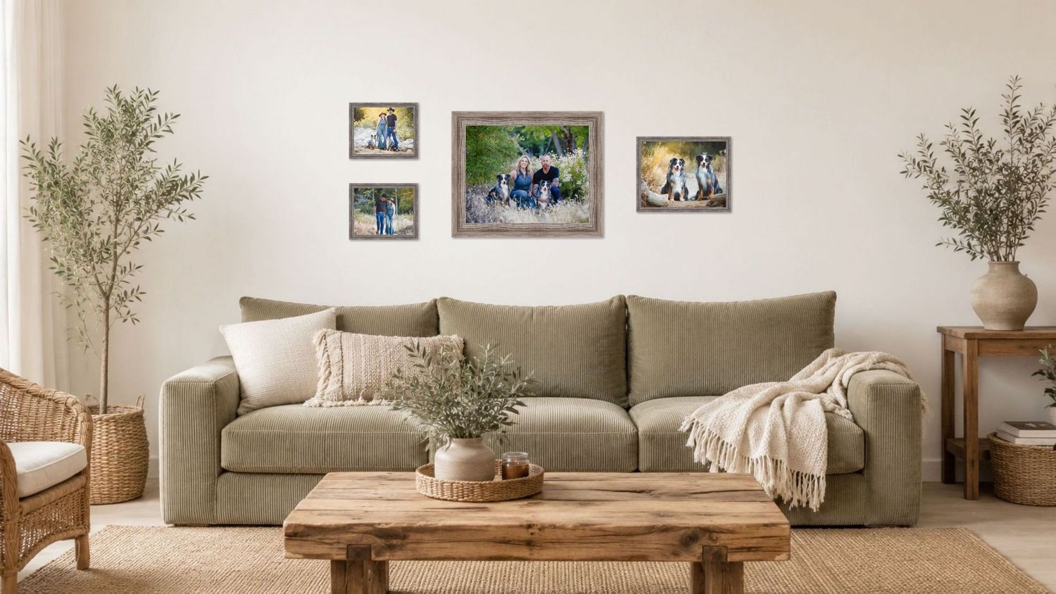 Cozy living room with a sage green sofa, rustic wood coffee table, and three framed family photos displayed on a beige wall.