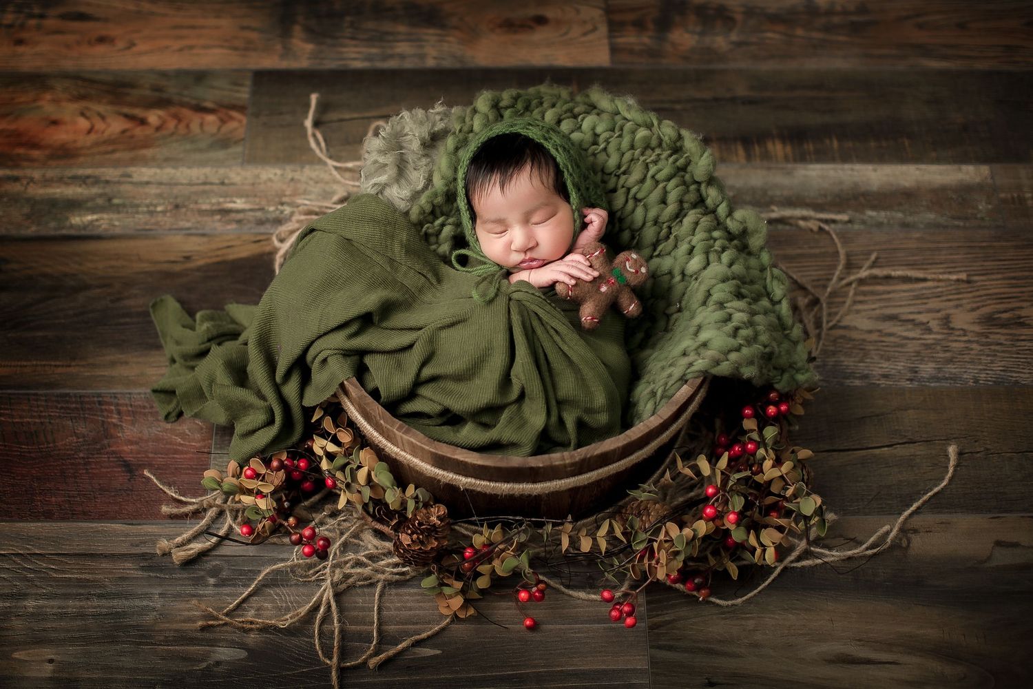 Rustic wooden background collage showing newborn photography props with greenery and red berries in vintage style.