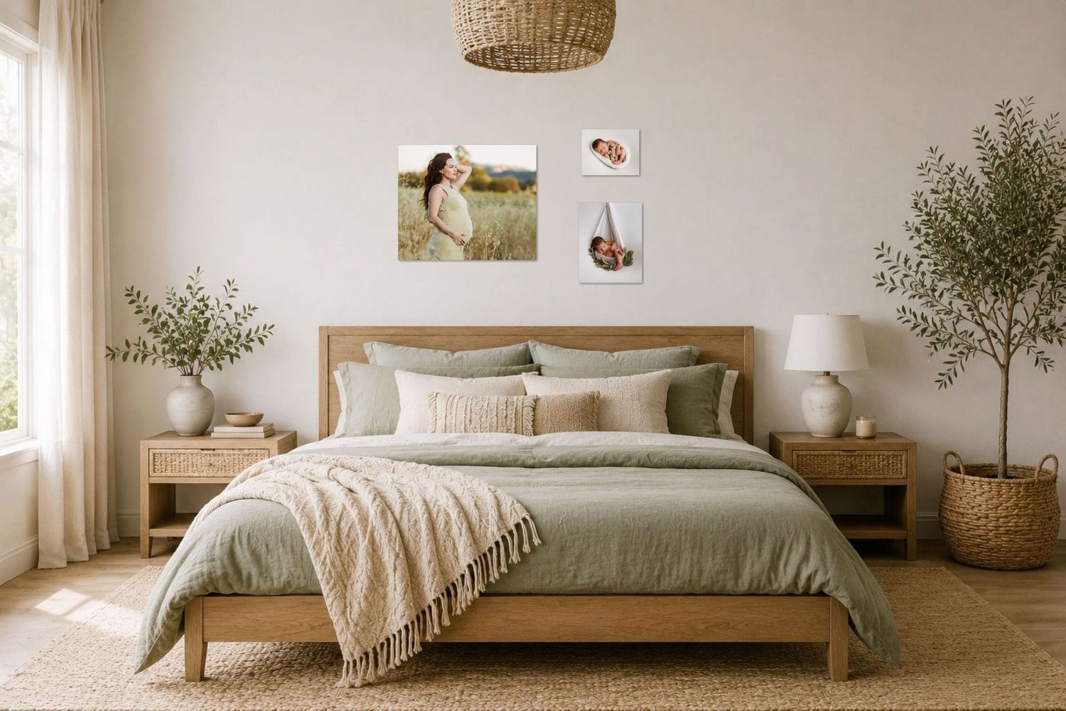 Serene bedroom with sage green bedding, wooden bed frame, woven pendant light, and two framed photos above the headboard.