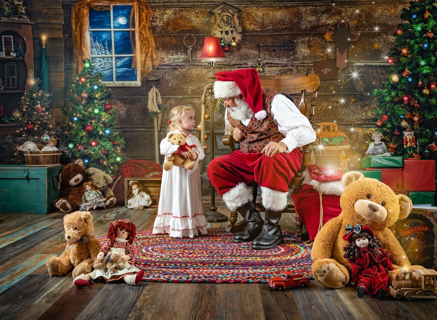 Festive Christmas photo studio setup with vintage wooden backdrop, decorated trees, presents, and soft lighting.