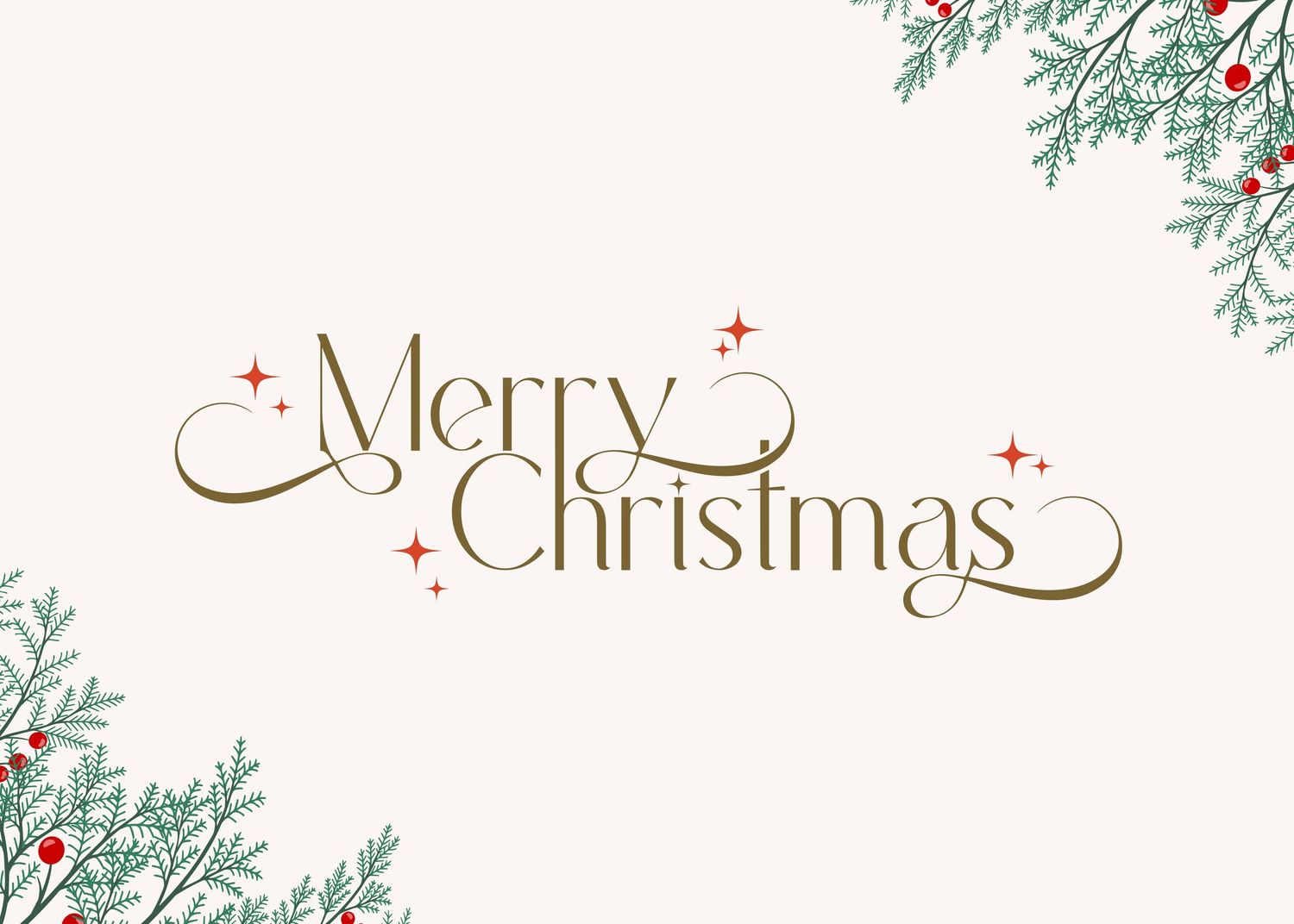 Elegant Christmas text design with delicate green foliage and red berries on a white background.