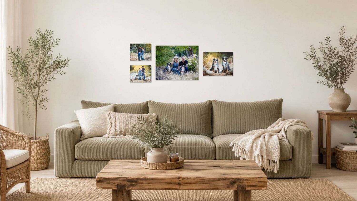Cozy living room with a beige sofa, wooden coffee table, and three family photo canvases displayed on a white wall.